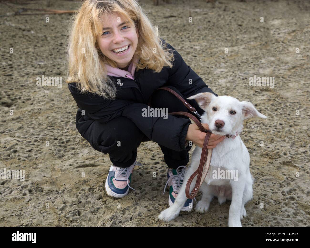 Porträt eines glücklichen Teenager-Mädchens 16-17 Jahre alt spielt mit ihrem weißen Hund im Freien, geliebtes Haustier Training. Die Freude, mit einem Welpen zu kommunizieren. Walki Stockfoto