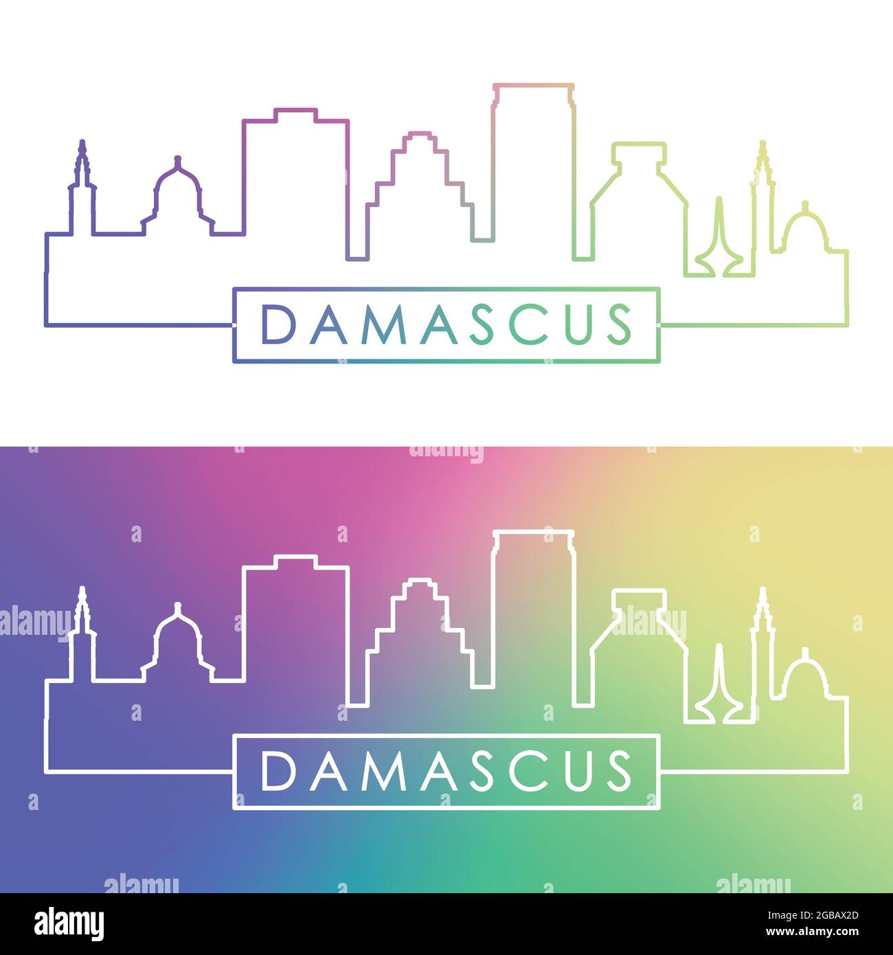 Skyline von Damaskus. Farbenfroher, linearer Stil. Editierbare Vektordatei. Stock Vektor