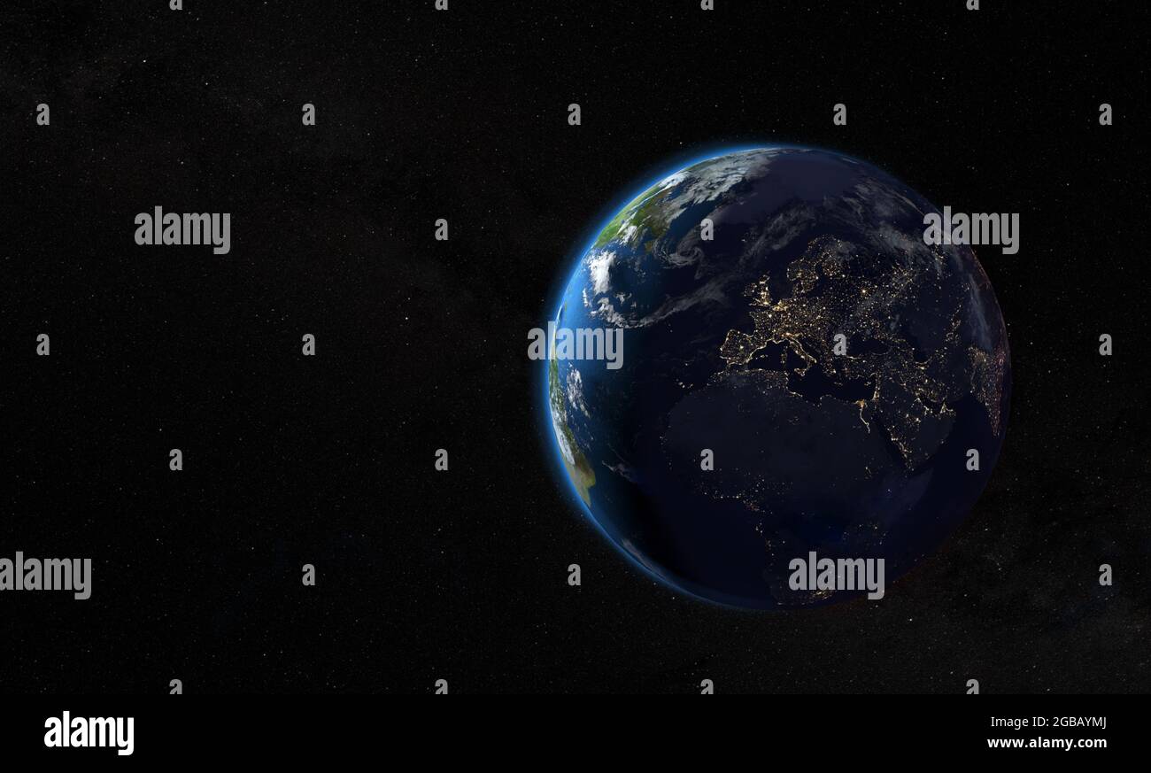 Erdplanet mit Stadtlichtern in der dunklen Seite - 3D-Rendering - Karten der NASA Stockfoto