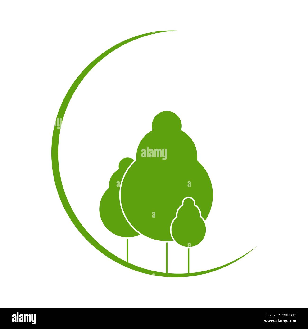 Logo für Forstwirtschaft oder Öko-Unternehmen oder Veranstaltung: Grüne Bäume auf dem Hintergrund eines Halbmondes. Raster kreative Illustration Stockfoto
