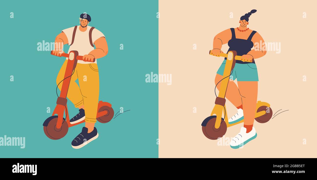 Set von Vektor-Illustrationen von Menschen auf Elektro-Scooter. Mann und Frau auf Kick Scootern. Flache Personas modisch im Design. Stock Vektor