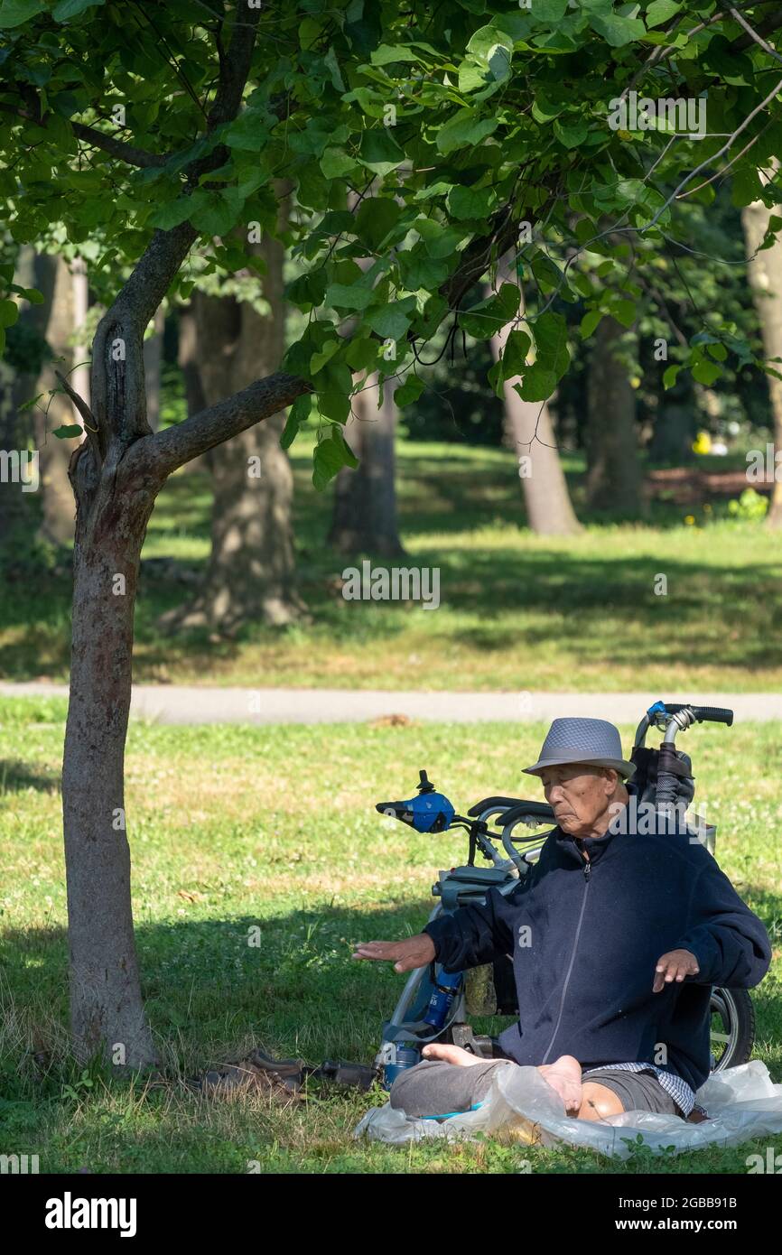 Ein sitzender 86-jähriger Mann macht in der Nähe eines Baumes langsam laufende Falun Gong-Übungen. In einem Park in Queens, New York, ein sehr vielfältiger Ort. Stockfoto