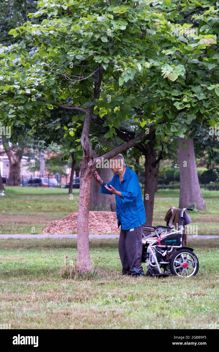 Ein 86 Jahre alter chinesisch-amerikanischer Anhänger von Falun Gong macht langsame Übungen vor einem Baum in einem Park in Queens, New York City. Stockfoto