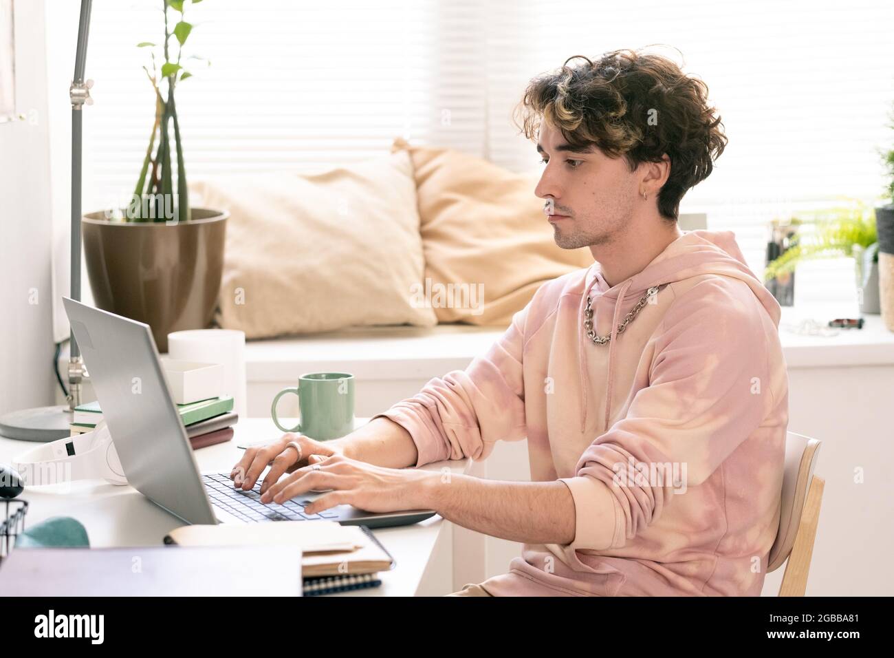 Ein ernsthafter Teenager, der sich ein Notebook-Display ansieht, während er in der häuslichen Umgebung vernetzt ist Stockfoto