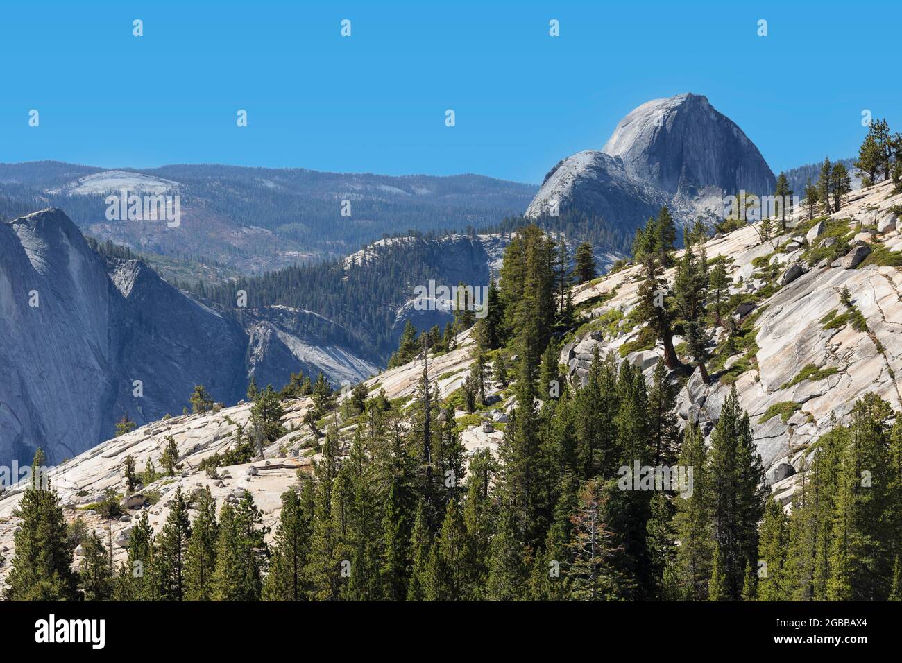 Blick von Olmsted Point auf Half Dome, Yosemite National Park, UNESCO-Weltkulturerbe, Kalifornien, Vereinigte Staaten von Amerika, Nordamerika Stockfoto