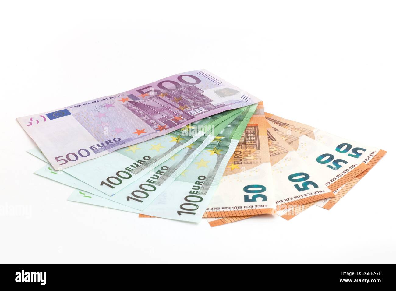 euro-Banknoten auf isoliertem weißem Hintergrund Stockfoto