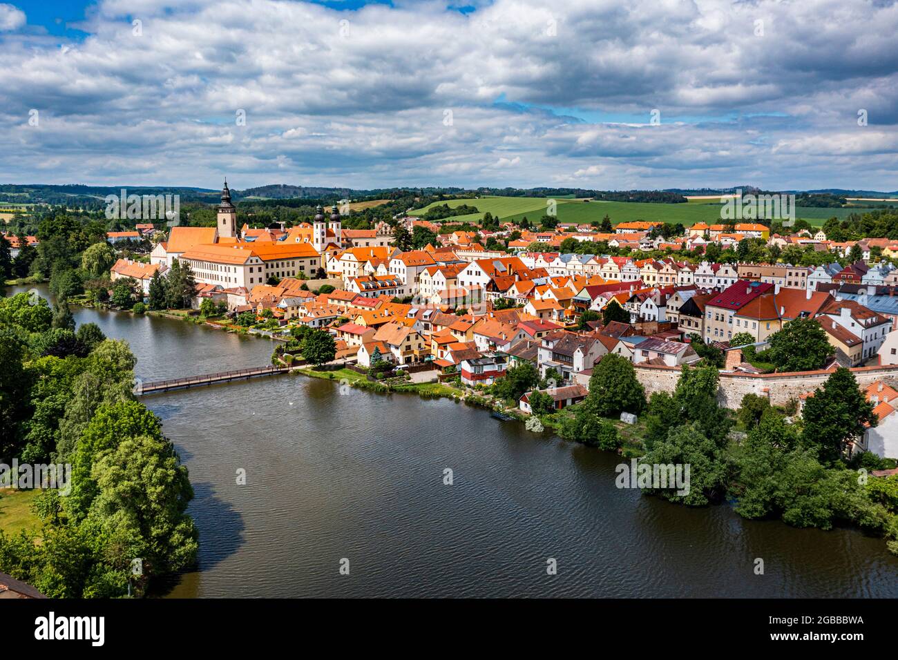 Luftaufnahme des historischen Zentrums von Telc, UNESCO-Weltkulturerbe, Südmähren, Tschechische Republik, Europa Stockfoto