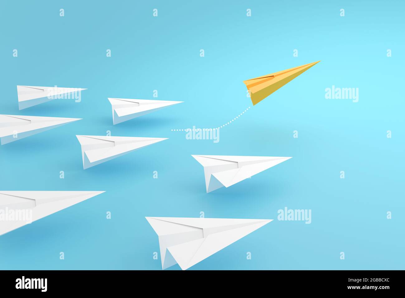 Paper Planes on aline and One is leading, isoliert auf blauem Hintergrund, Konzept-Teamwork, Führung und Management. Hochwertige 3d-Illustration Stockfoto