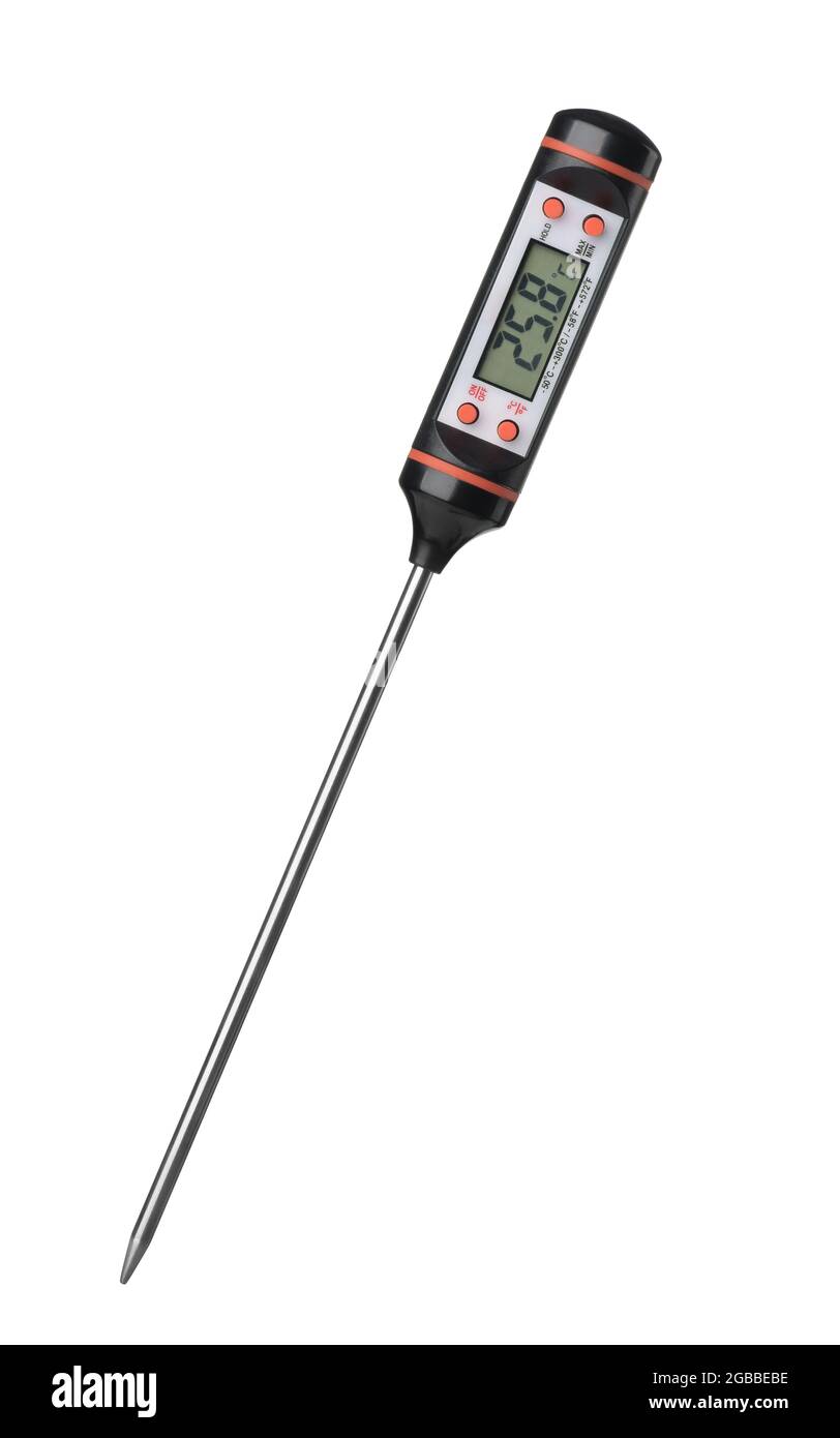 Digitales Instant-Read-Thermometer für Lebensmittel mit LCD-Anzeige, isoliert auf Weiß Stockfoto