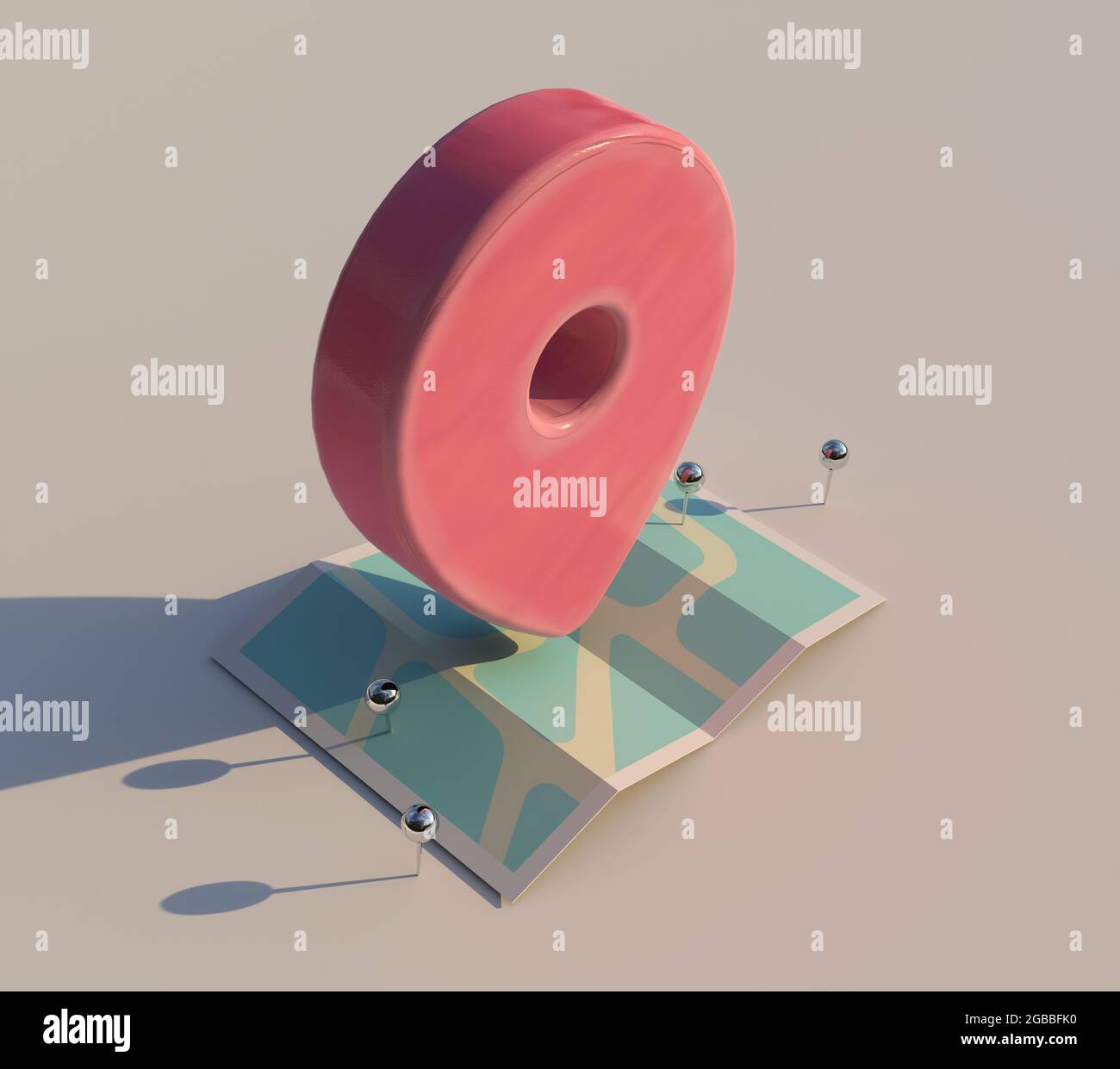 Locator-Karte, die sich über eine fixierte Karte bewegt. Navigations-PIN-Symbol. 3D-Rendering mit handgemalter Textur. Stockfoto