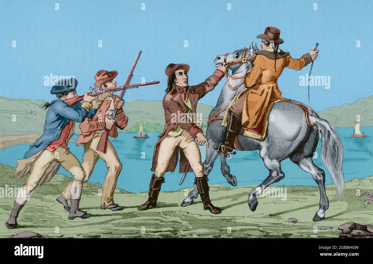 Amerikanische Revolution (1775-1783). John André (1750-1780). Britischer Militäroffizier, der mit dem amerikanischen General Benedict Arnold verhandelt hat. Verhaftung von Major Andre in Tarrytown im Jahr 1780, von John Paulding, David William und Isaac van Wart, während der Rückkehr nach New York nach der Kapitulation in West Point Fort. Nachdem er mit verdächtigen Dokumenten gefunden wurde, wurde er der Spionage beschuldigt und zum Aufhängen verurteilt. Gravur von Vernier. Panorama Universal. Geschichte der Vereinigten Staaten von Amerika, ab 1. Auflage von Jean B.G. Roux de Rochelle's Etats-Unis d'Amérique im Jahr 1837. Spanische Ausgabe, gedruckt in Barcelona, 1 Stockfoto