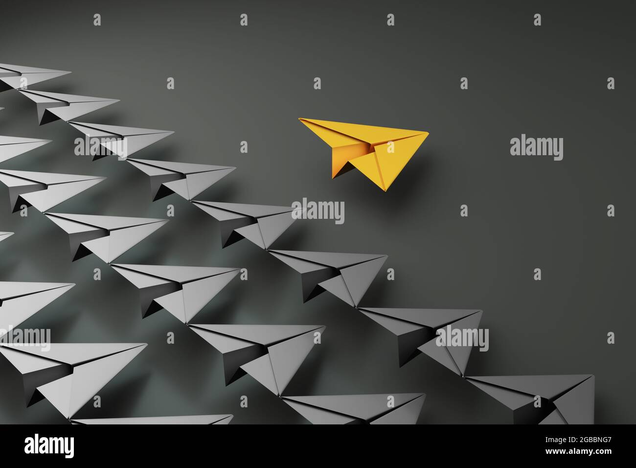 Papierebenen auf aline und einer führenden, isoliert auf dunklem Hintergrund, Konzept-Teamarbeit, Führung und Management. Hochwertige 3d-Illustration Stockfoto