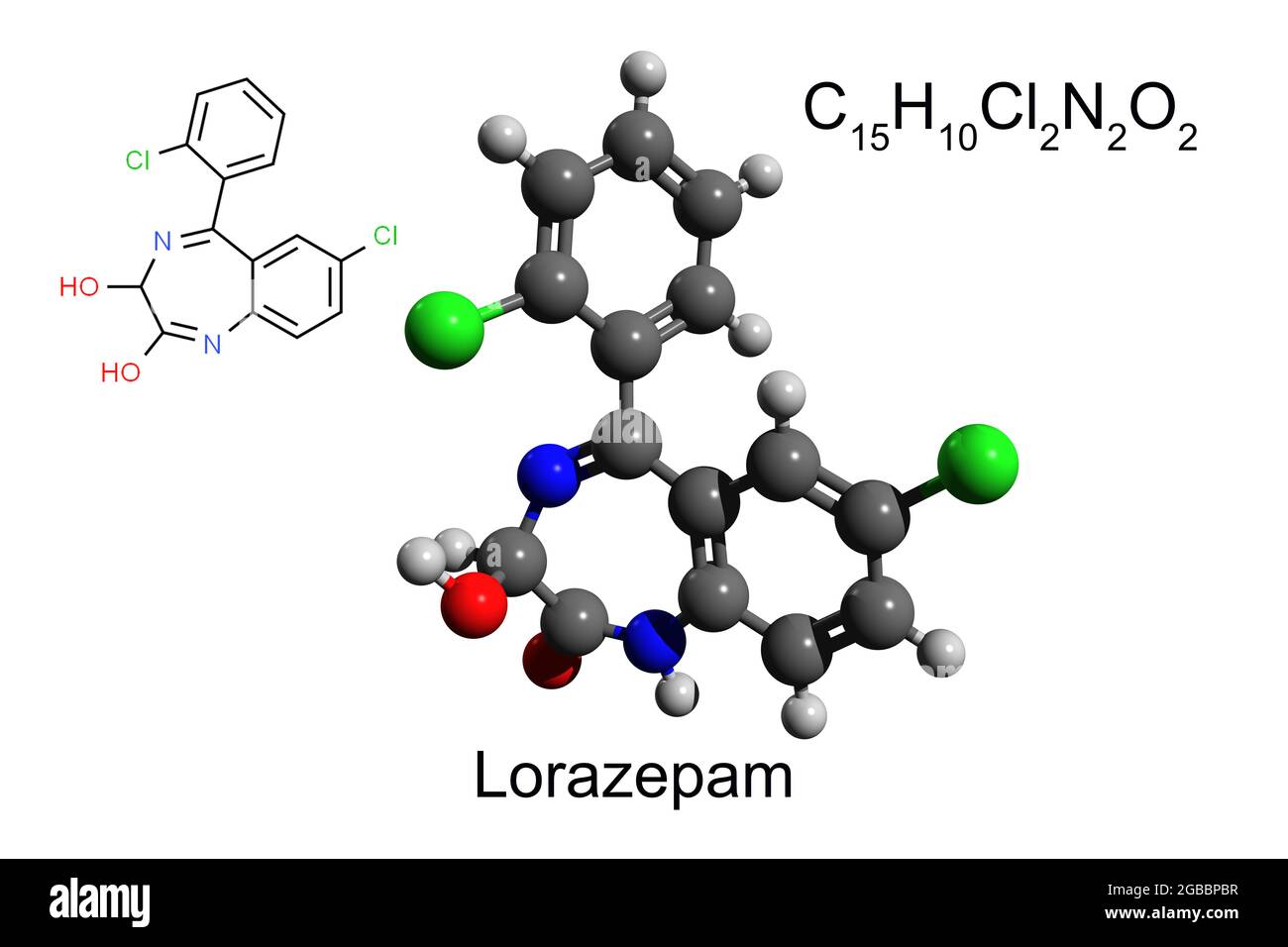 Chemische Formel, Skelettformel und 3D-Ball-and-Stick-Modell des Benzodiazepin-Medikaments Lorazepam, weißer Hintergrund Stockfoto