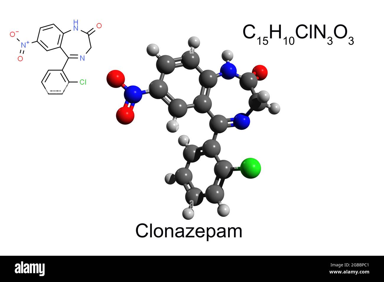 Chemische Formel, Skelettformel und 3D-Ball-and-Stick-Modell des Benzodiazepin-Medikaments Clonazepam, weißer Hintergrund Stockfoto