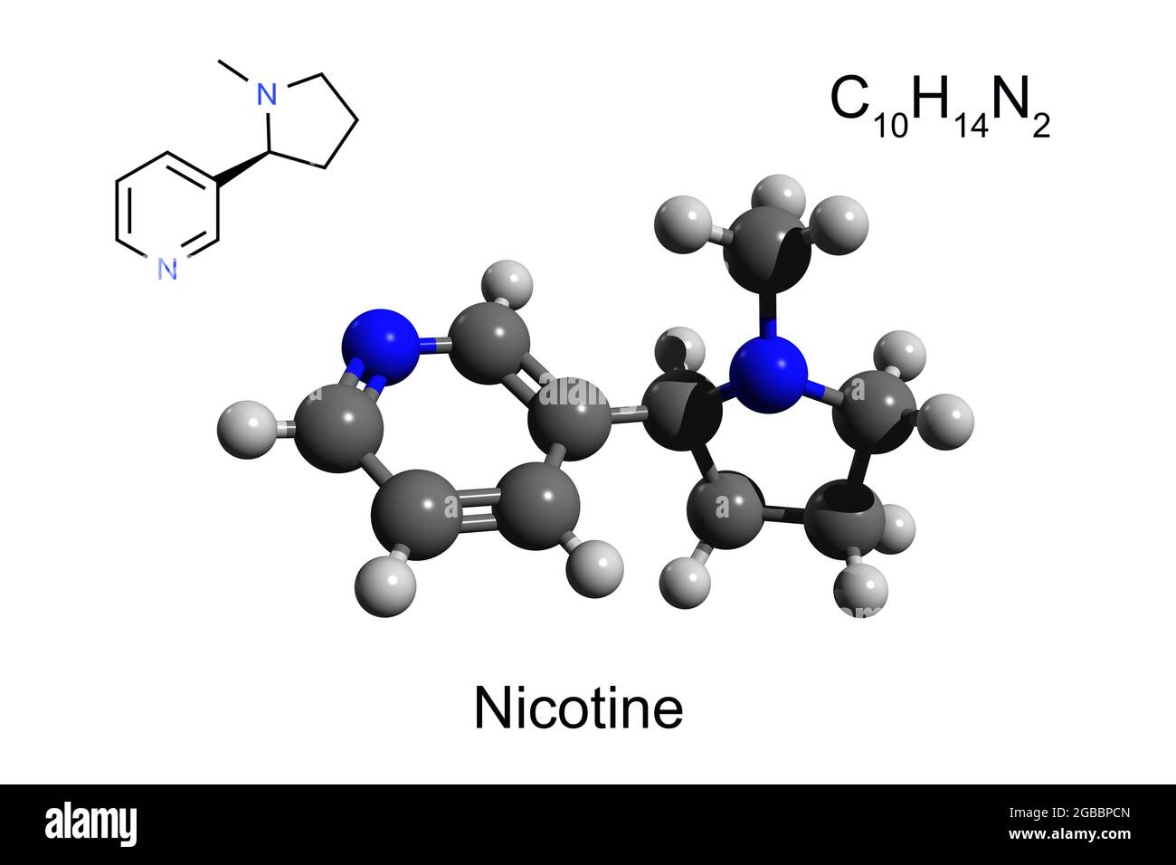 Chemische Formel, Skelettformel und 3D-Ball-and-Stick-Modell von Nikotin, weißer Hintergrund Stockfoto
