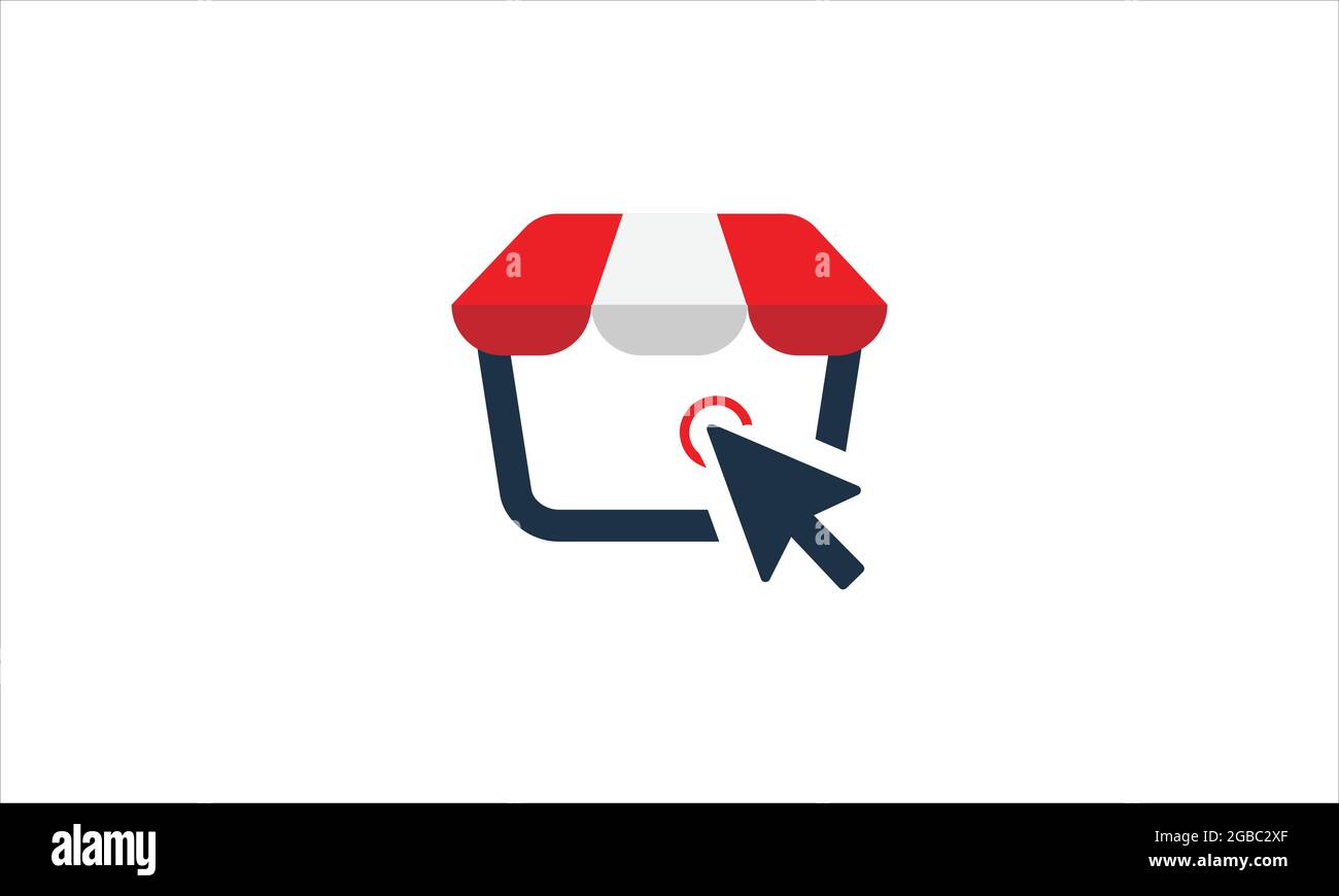 Online-Shop-Fenster mit rot-weißen Fensterschirm Zelt Symbol Logo-Design Stock Vektor
