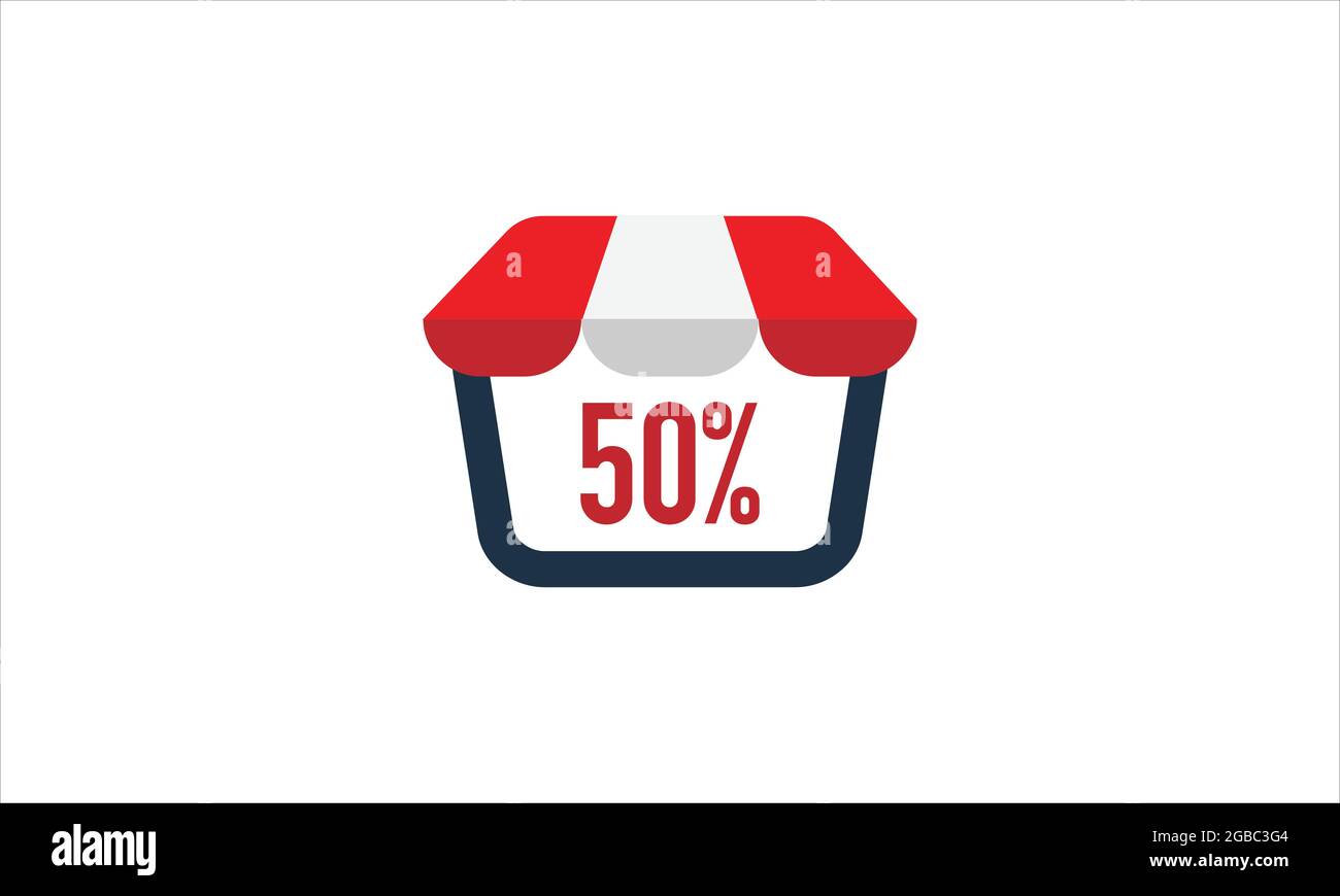 50 % Rabatt auf Schaufenster mit rot-weißem Fensterschirm, Zelt-Icon-Logo-Design Stock Vektor