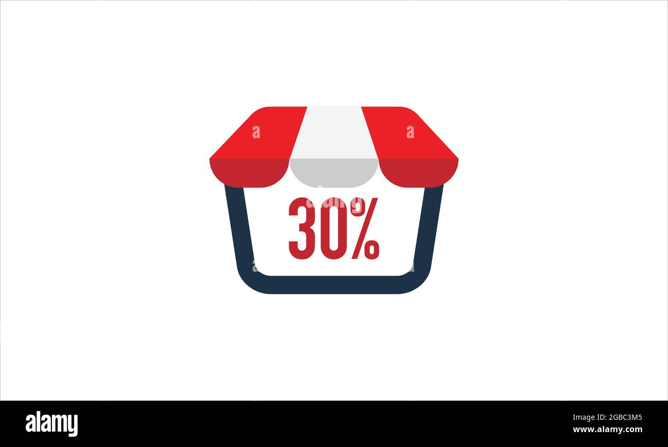 30 % Rabatt auf Schaufenster mit rot-weißem Fensterschirm, Zelt-Icon-Logo-Design Stock Vektor