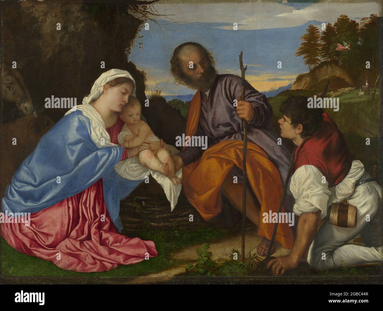 Titel: Die Heilige Familie mit einem Hirten Schöpfer: Tizian - Tiziano Vecellio Datum: c. 1510 Medium: Öl auf Leinwand Maße: 99.1 x 139.1 cm Ort: National Gallery, London Stockfoto