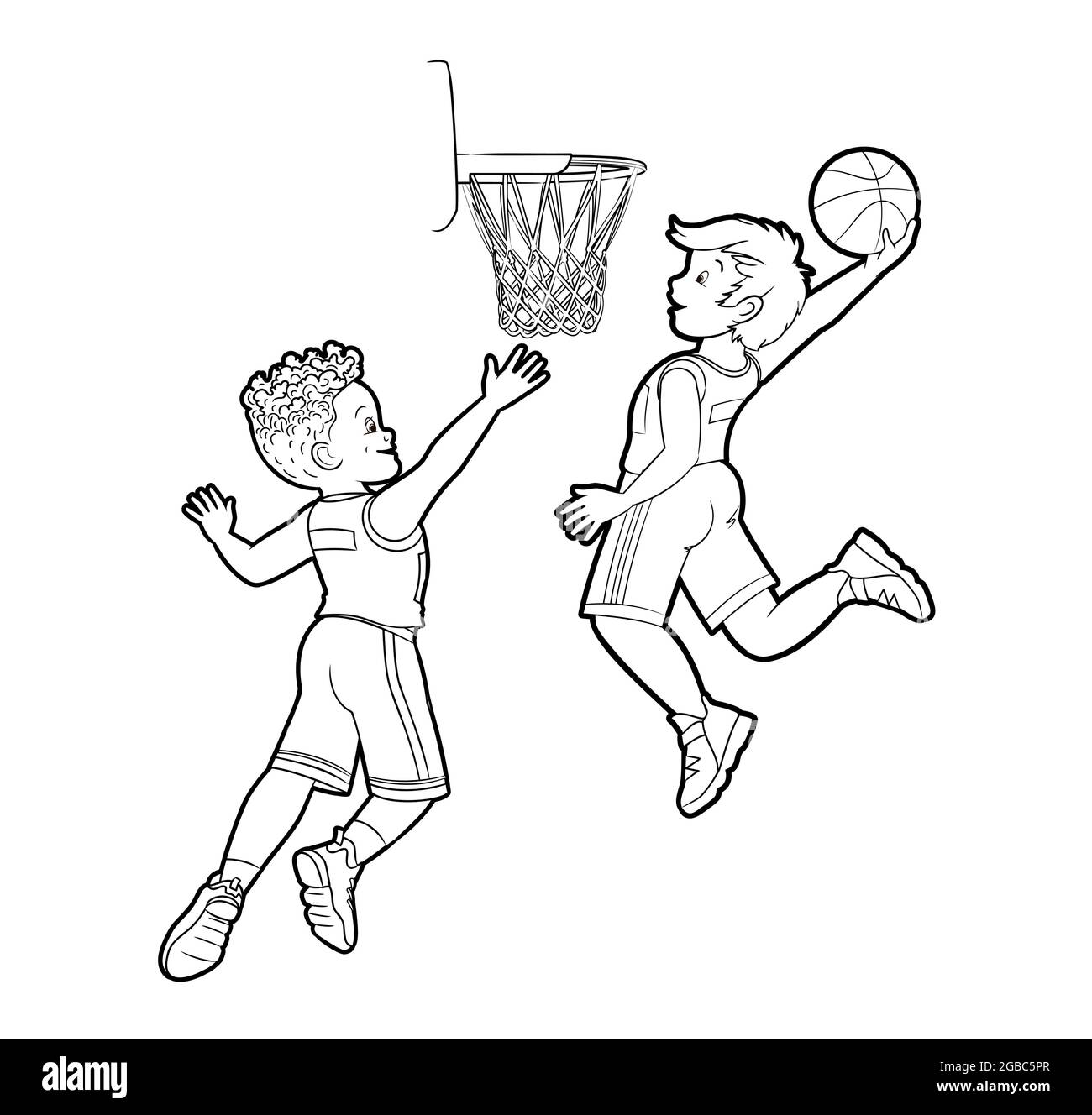 Malbuch junge Basketballspieler werfen einen Ball in einen Basketball-Korb.Vektor im Cartoon-Stil, schwarz-weiße Linienkunst für Kinder Stock Vektor