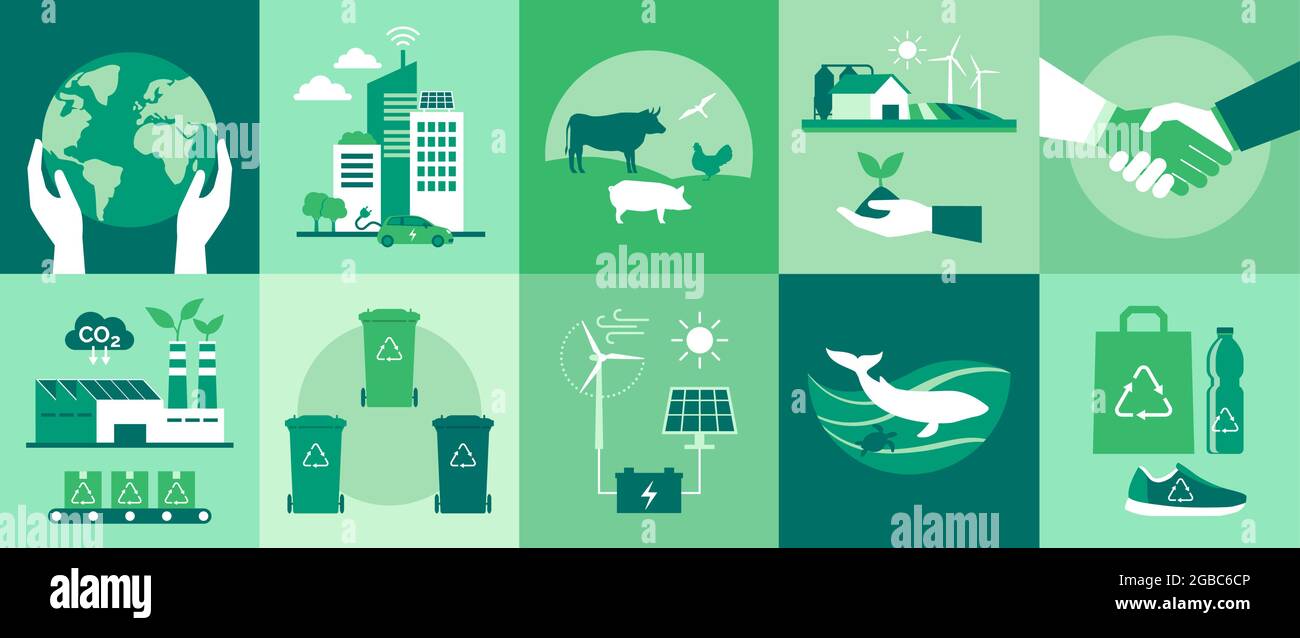 Ökologische Ikonen Set: Umweltschutz, Smart Cities, nachhaltige Industrie und Landwirtschaft, Tierschutz und Konzept für erneuerbare Energien Stock Vektor