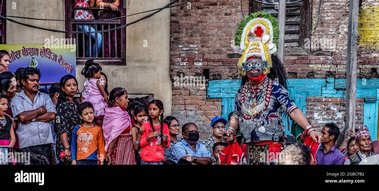 Dee Pyakhan Maskentanz während des Indra Jatra Festivals, auch bekannt als Yenya Festival, Religous Street Festival in Kathmandu, Nepal Stockfoto