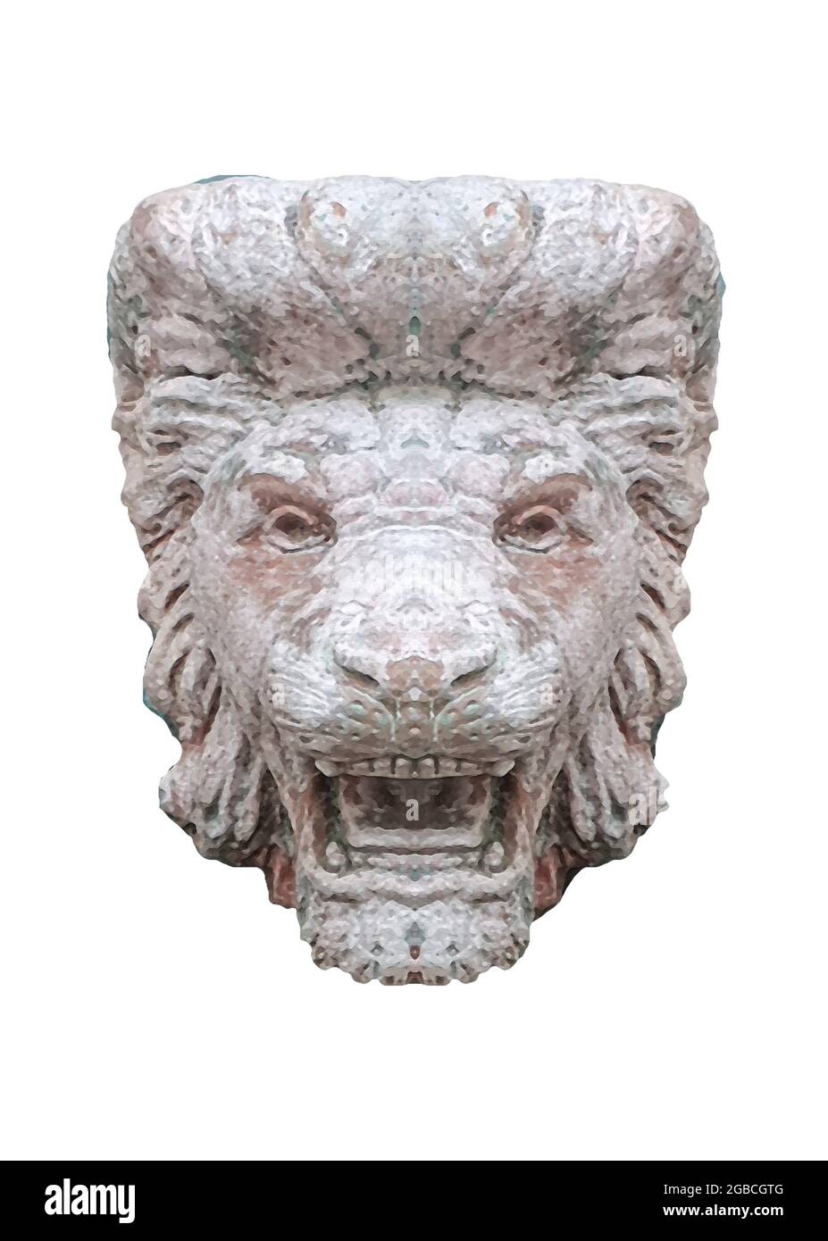 Frontansicht gruselige Löwe Kopf Skulptur isoliert Foto auf schwarzem Hintergrund Stockfoto Frontansicht gruselige Löwe Kopf Skulptur isoliert Foto auf schwarzem Hintergrund Stockfoto