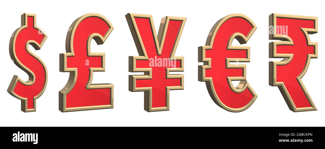 Großer Satz von hochauflösenden roten und Gold metallischen 3D-Dollar-Pfund-Euro-Yen-Rubel gewann Rupie-Währungssymbol-Symbole auf weißem Hintergrund Stockfoto
