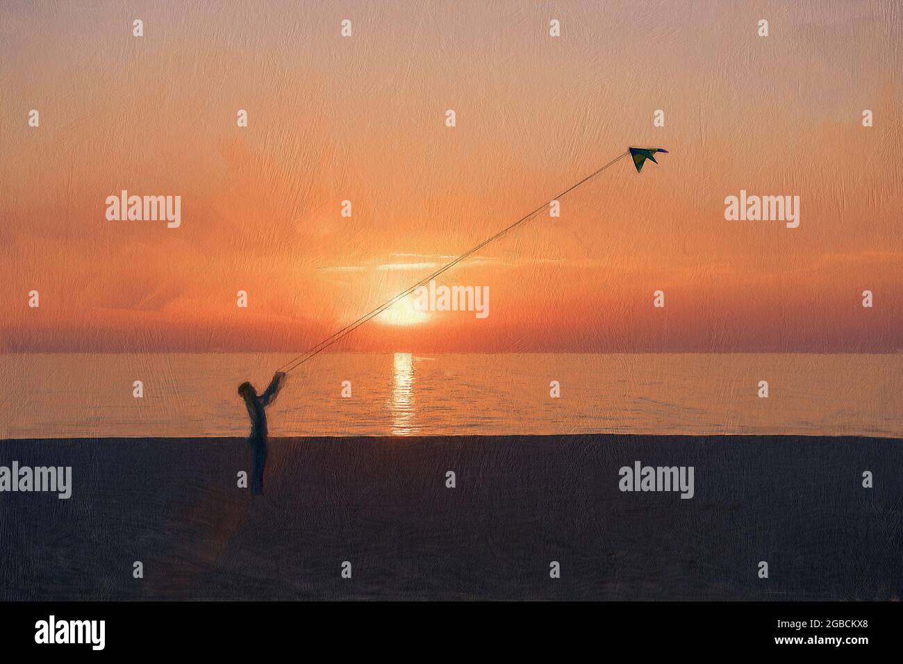 Junger Mann, der bei Sonnenuntergang einen Drachen an einem Strand fliegt, hat einen bemalten und strukturierten Effekt Stockfoto