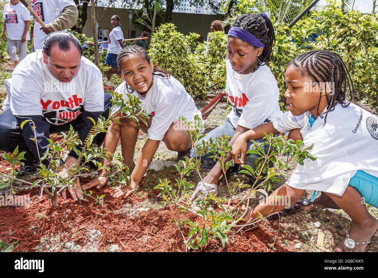 Miami Florida, Overtown Peace Park, Global Youth Service Day, Freiwillige von Bäumen, die Studenten ehrenamtlich engagieren, Kinder von Schwarzen Männern, die Gartenmädchen Pflanzen. Stockfoto