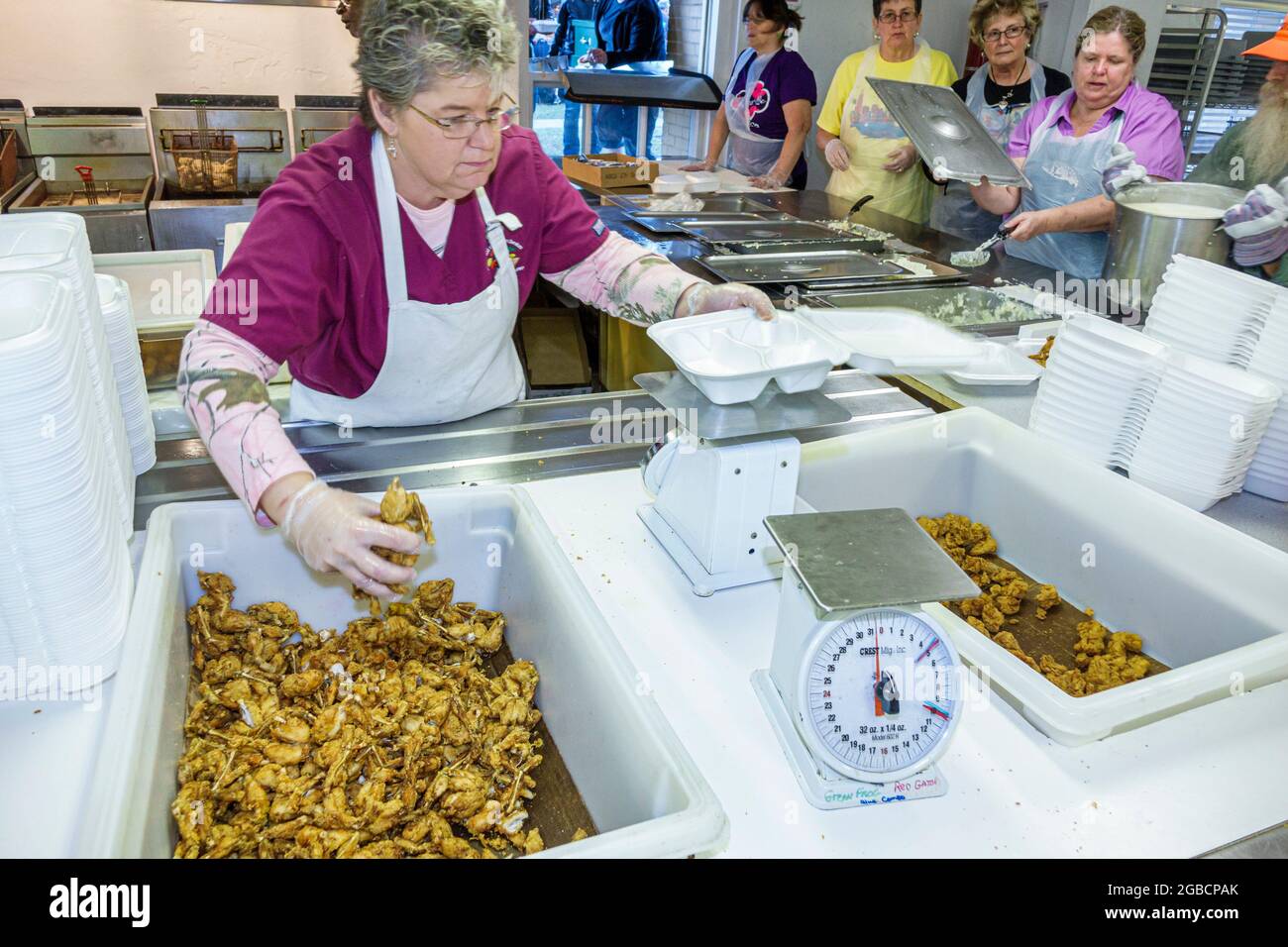Florida Fellsmere Frog Leg Festival jährliche Frosch Bein Gator Schwanz Abendessen, Vorbereitung Kochen Koch Freiwillige Frau, Stockfoto
