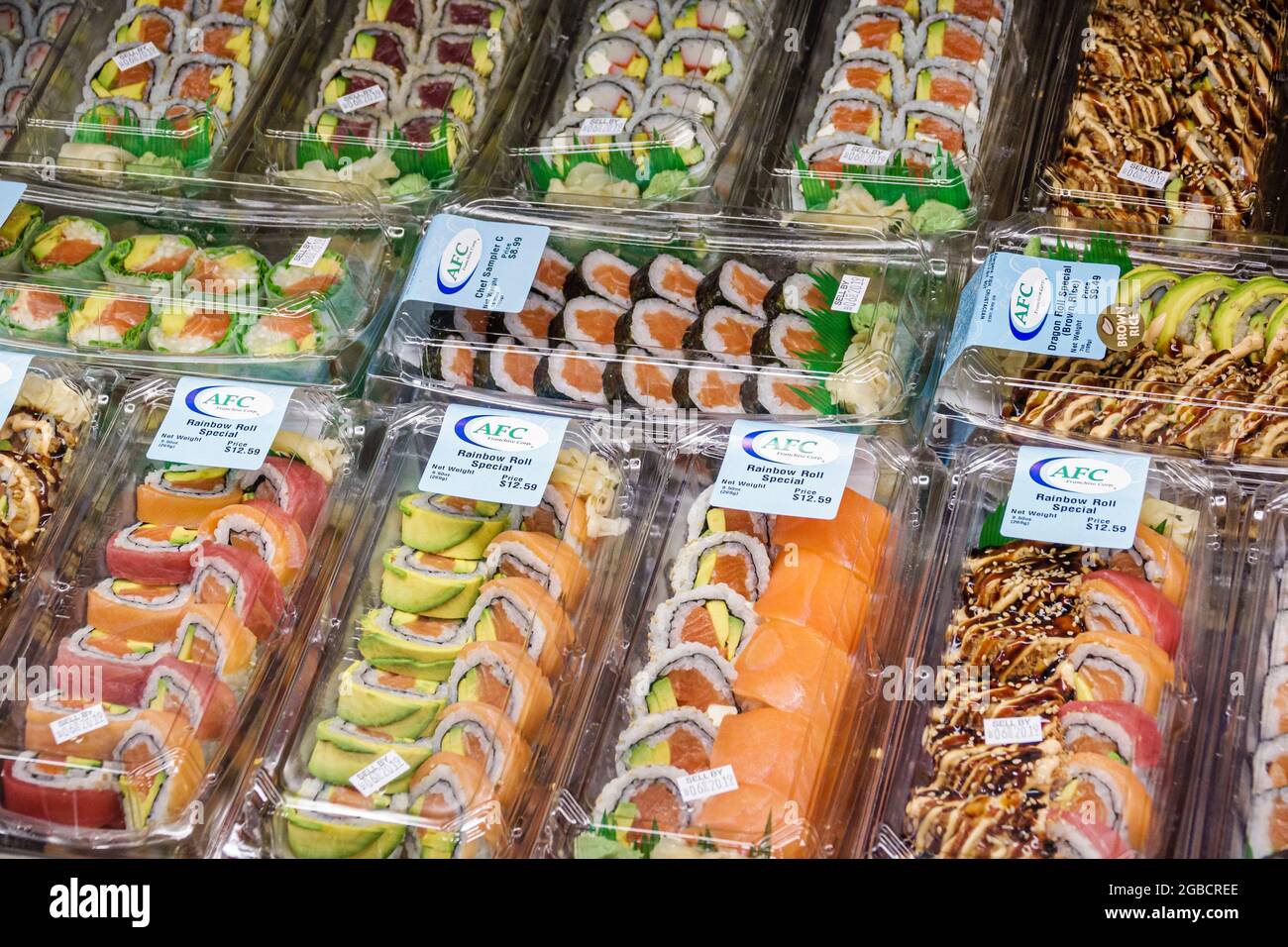 Miami Beach Florida, Publix Supermarkt im Inneren, Fertigprodukte Sushi Bar Rollen Display Verkauf, Stockfoto