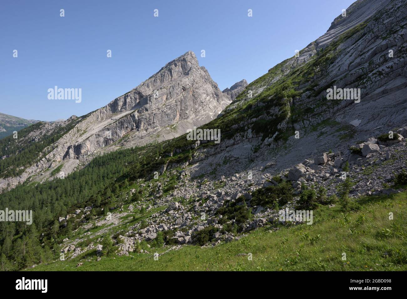 Steinschlag und Watzmannfrau, kleiner Watzmann, Berg im Hintergrund am späten Nachmittag, Ramsau, Berchtesgaden, Bayern, Deutschland Stockfoto