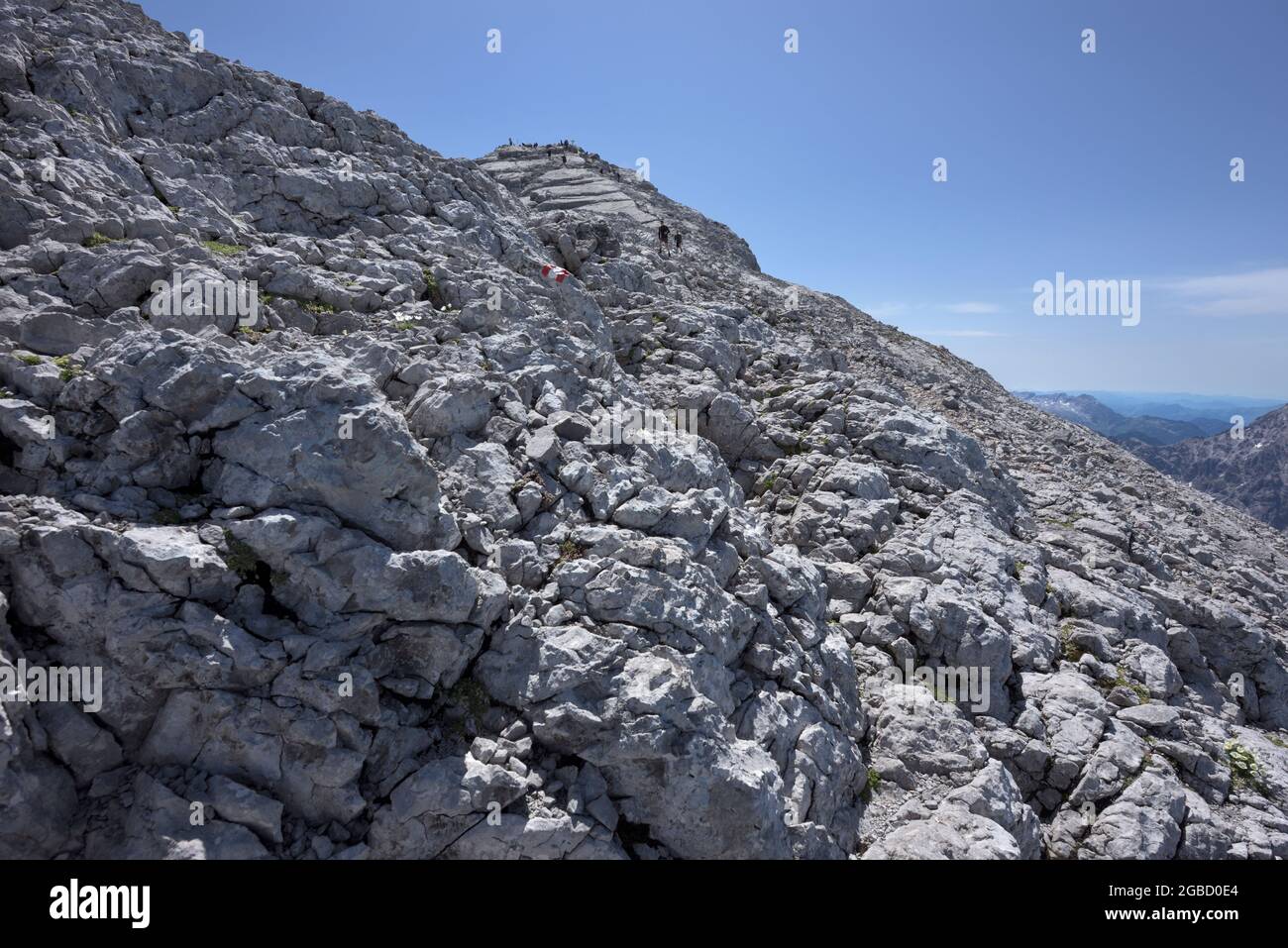 Felsiges Gelände und viele Wanderer auf dem Weg zum Gipfel des Watzmann Hocheck, Ramsau, Berchtesgaden, Bayern, Deutschland Stockfoto
