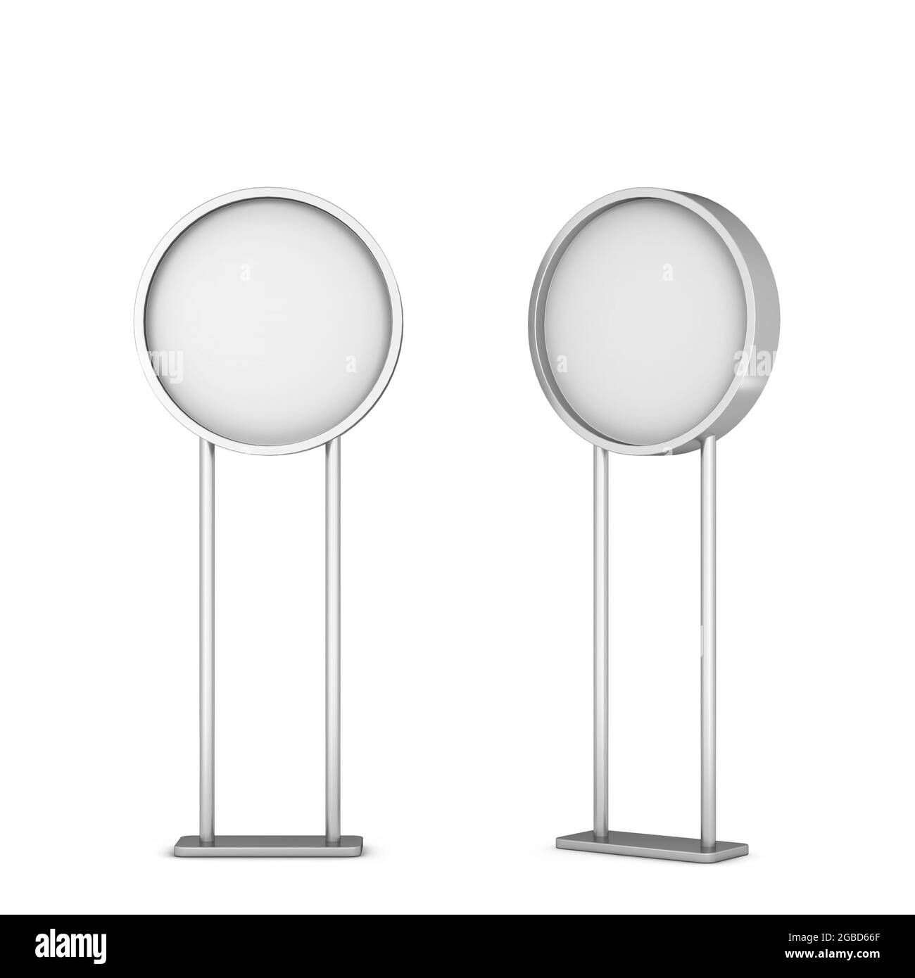 Rundes Schild auf einem Ständermockup. 3d-Illustration isoliert auf weißem Hintergrund Stockfoto