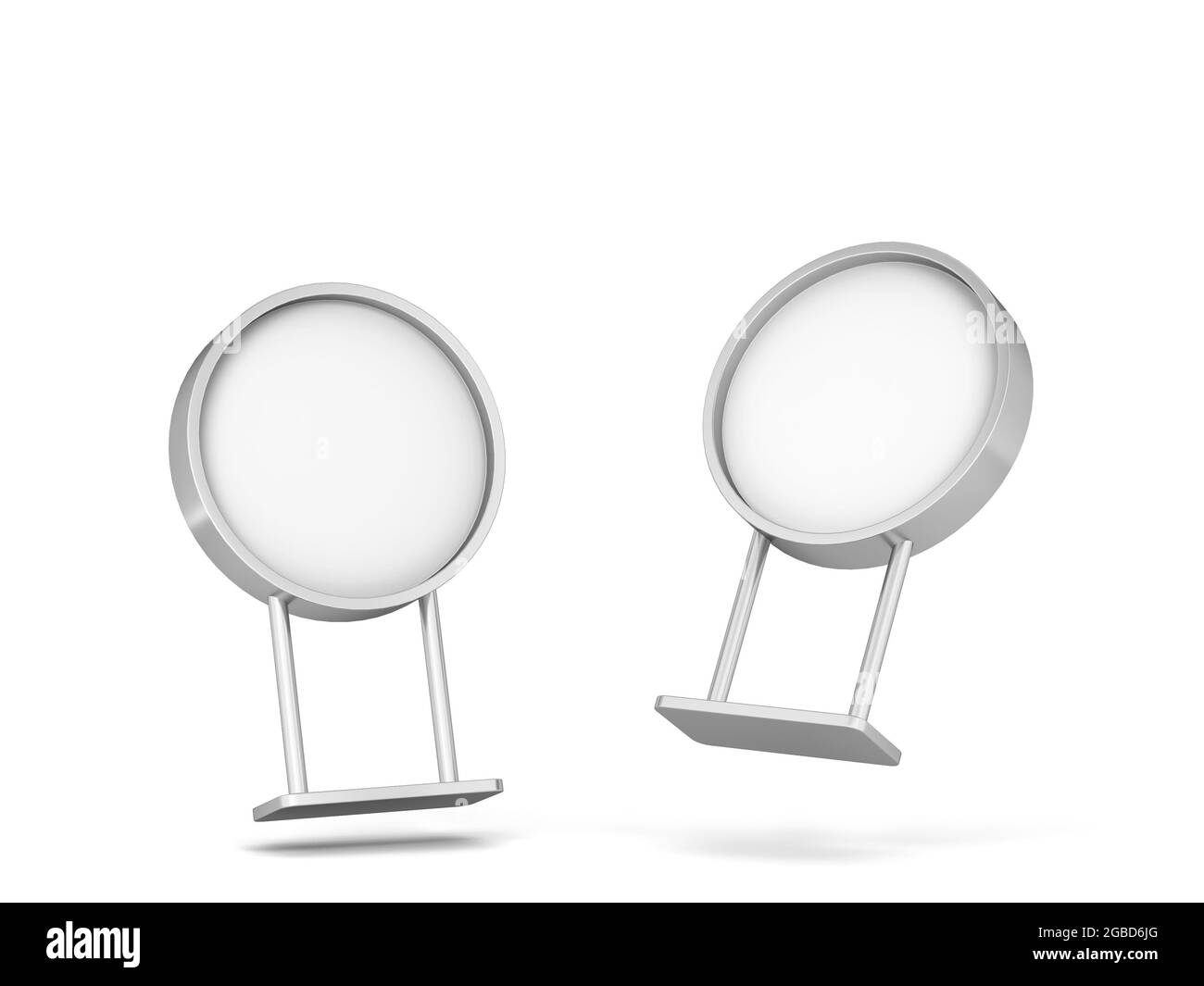 Rundes Schild auf einem Ständermockup. 3d-Illustration isoliert auf weißem Hintergrund Stockfoto