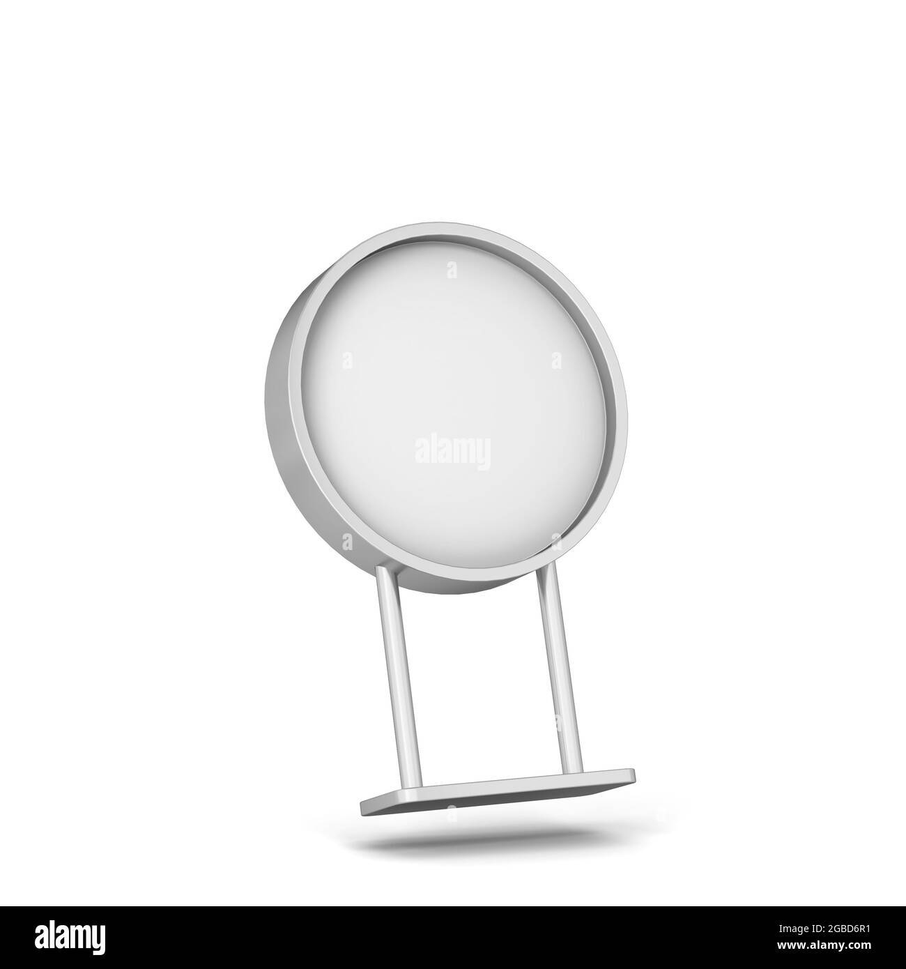Rundes Schild auf einem Ständermockup. 3d-Illustration isoliert auf weißem Hintergrund Stockfoto