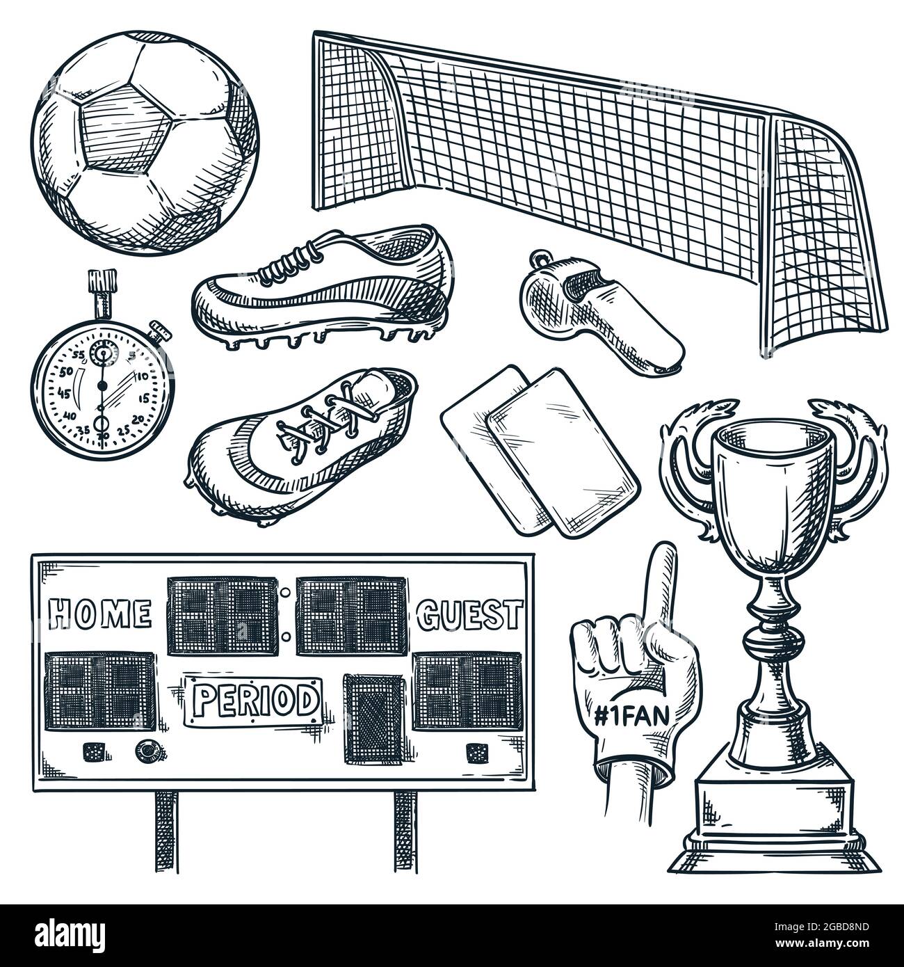 Fußballsportausrüstung. Vektorgrafik mit handgezeichneter Skizze. Symbole für Fußball, Anzeigetafel, Tor und Pokal, isoliert auf weißem Hintergrund Stock Vektor
