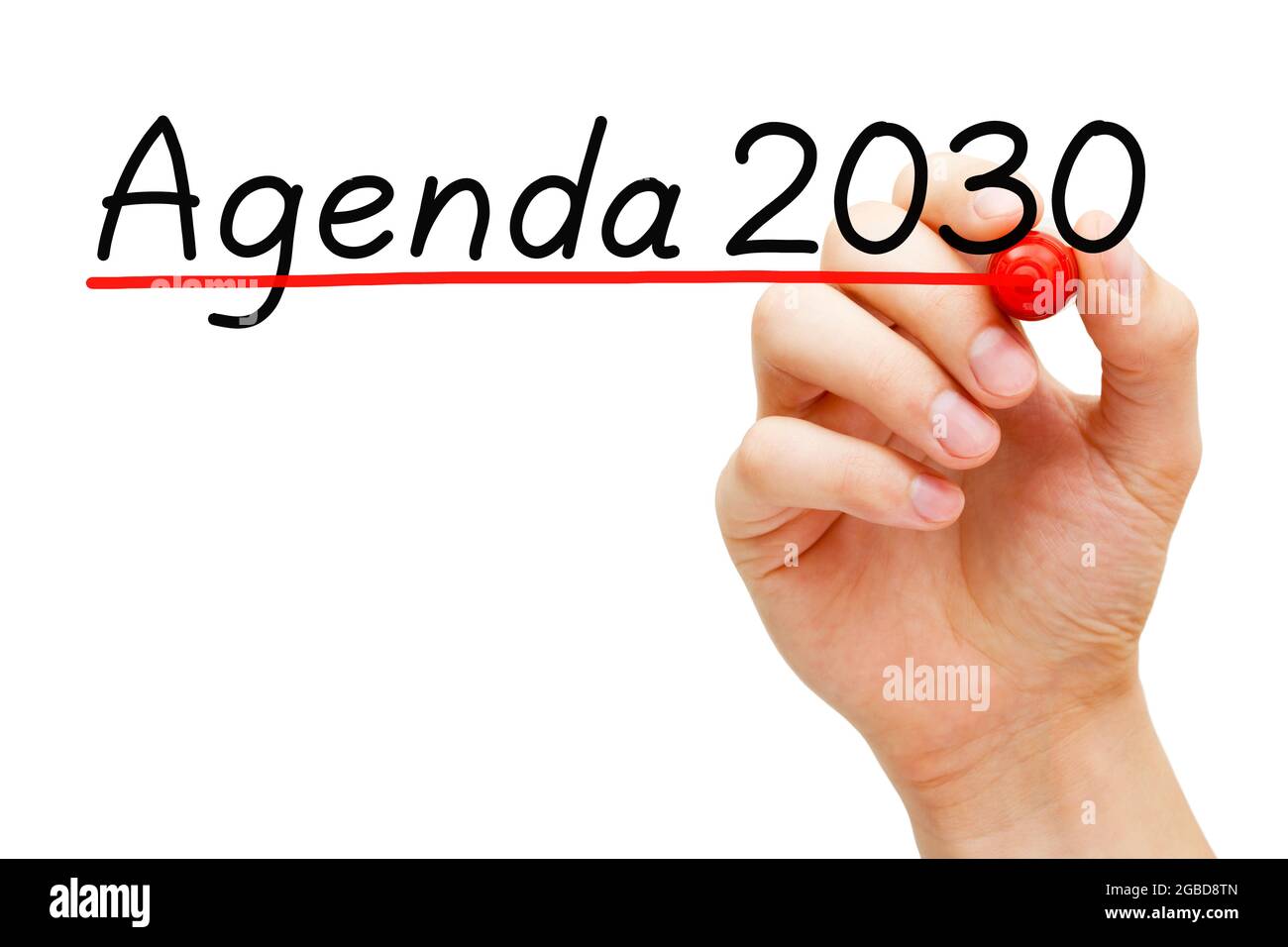 Handschrift Agenda 2030 mit Marker isoliert auf weiß. Konzept des globalen Aktionsplans für nachhaltige Entwicklungsziele. Stockfoto