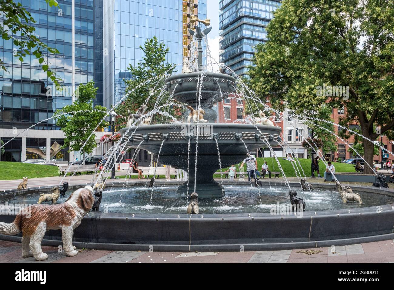 Hundebrunnen im Berczy Park in Toronto, Kanada. Der berühmte Ort ist eine Touristenattraktion in der Altstadt Stockfoto