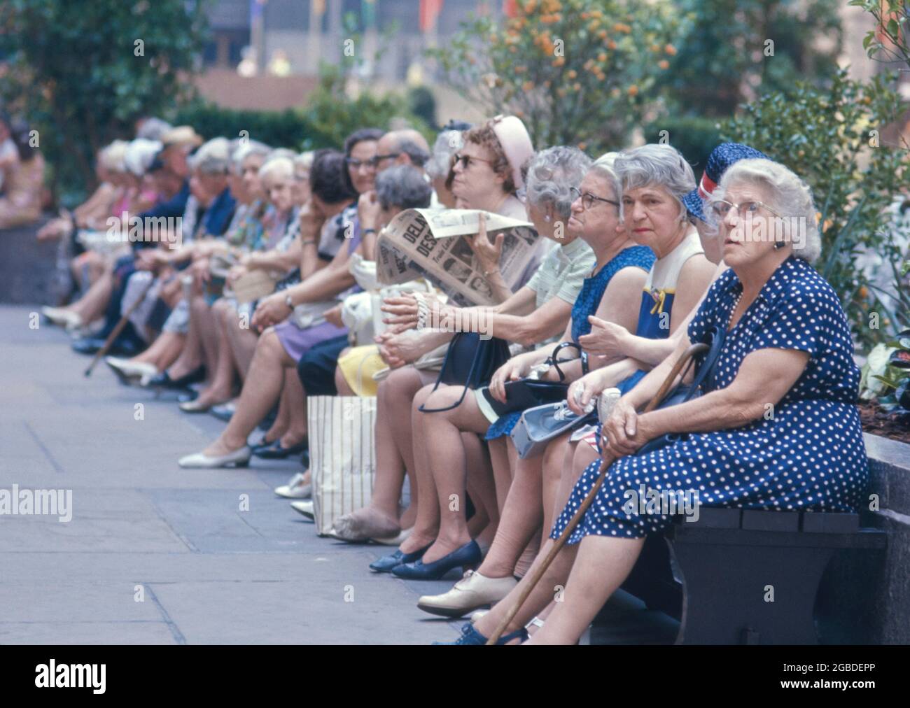 Reihe älterer Erwachsener, Rockefeller Center, New York City, New York, USA, Bernard Gotfryd, 3. Juli 1969 Stockfoto