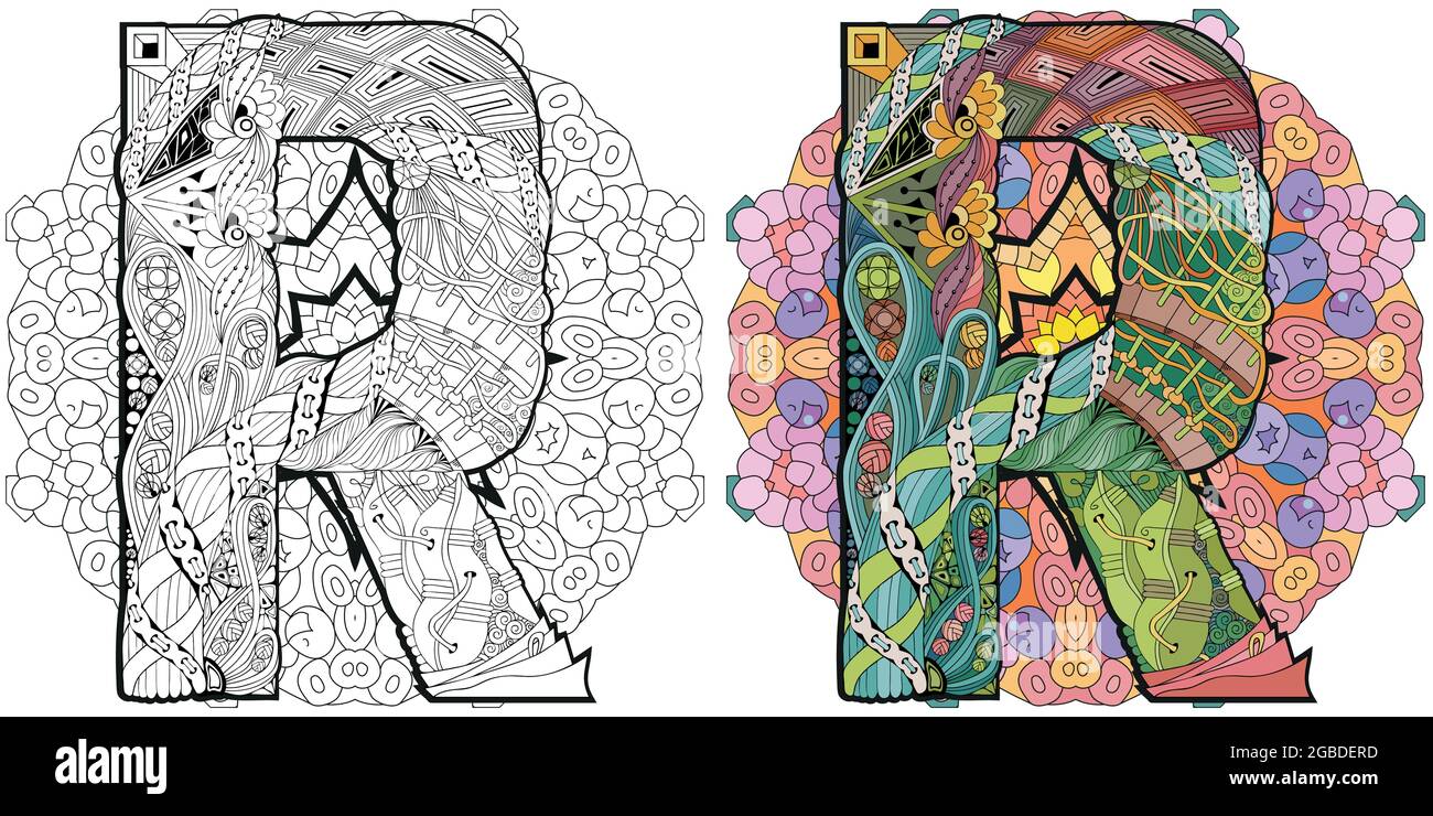 Handgemaltes Kunstdesign. Handgezeichnete Illustration Mandala mit Buchstabe R zur Dekoration. Farbig und umrandet Stock Vektor