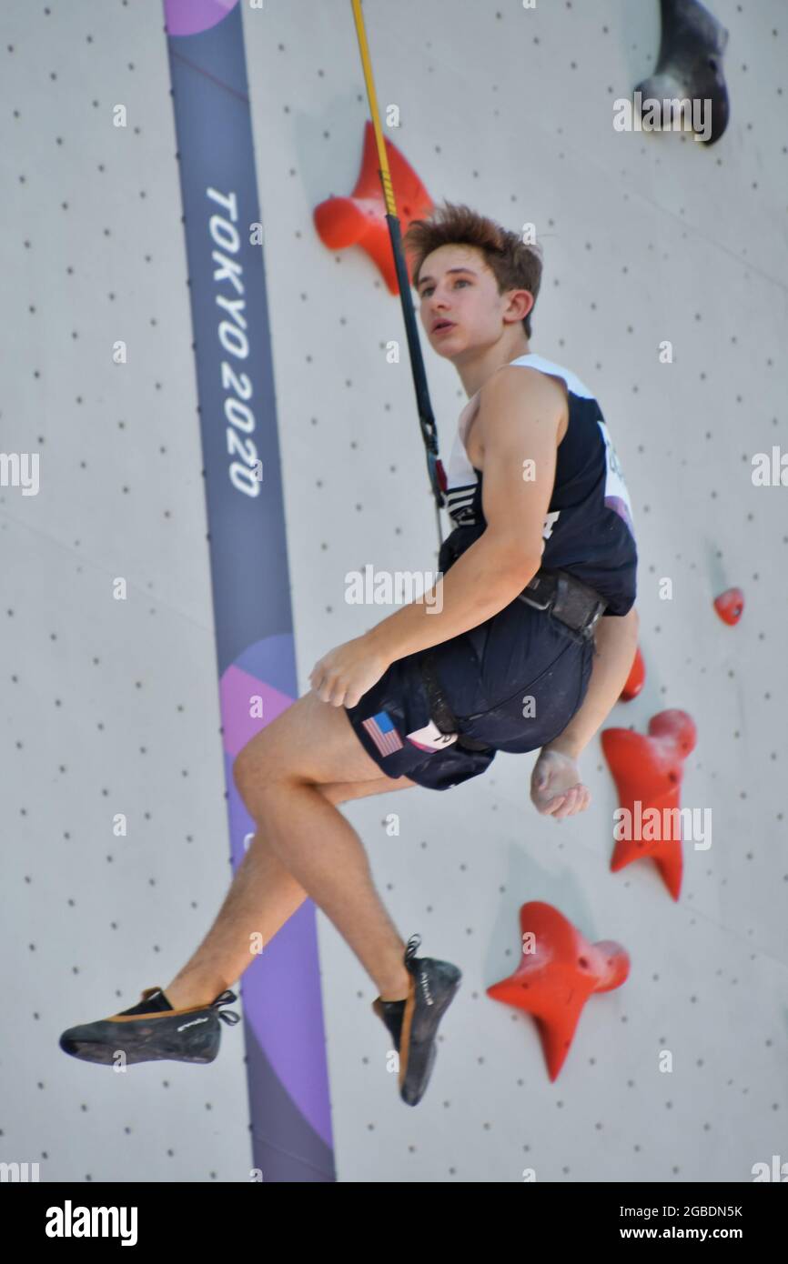 Tokio, Japan. August 2021. Der US-Amerikaner Colin Duffy tritt am Dienstag, den 3. August 2021, im Aomi Urban Sports Park in Tokio, Japan, bei der Speed Qualification während der Olympischen Spiele in Tokio bei. Foto von Keizo Mori/UPI Credit: UPI/Alamy Live News Stockfoto