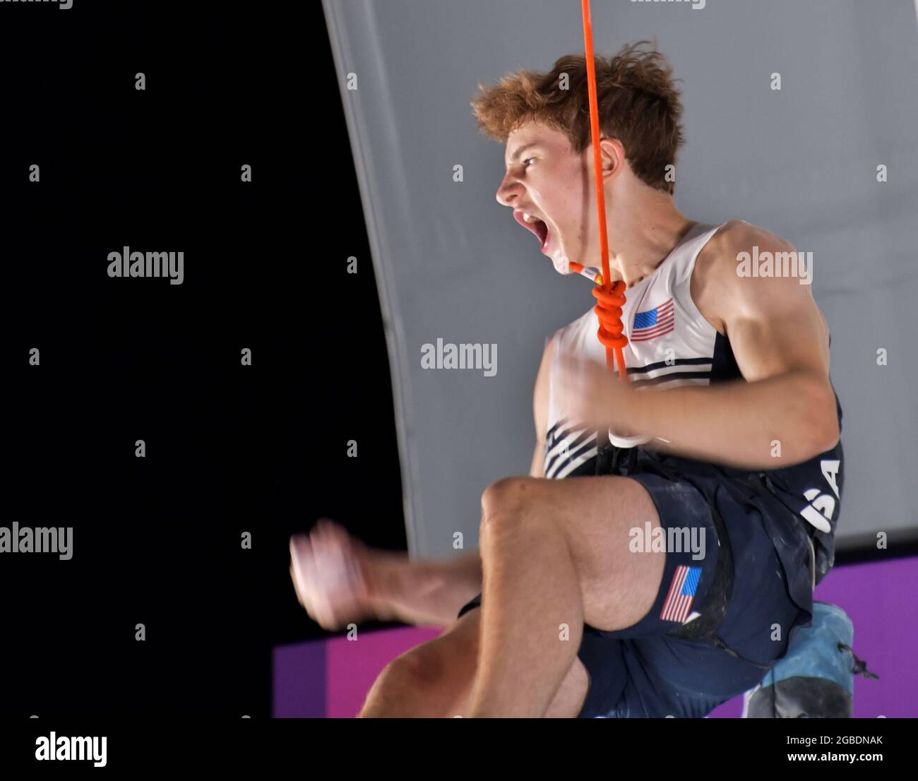 Tokio, Japan. August 2021. Der US-Amerikaner Colin Duffy ruft am 3. August 2021 im Aomi Urban Sports Park in Tokio, Japan, nach der Lead Qualification während der Olympischen Spiele in Tokio. Foto von Keizo Mori/UPI Credit: UPI/Alamy Live News Stockfoto