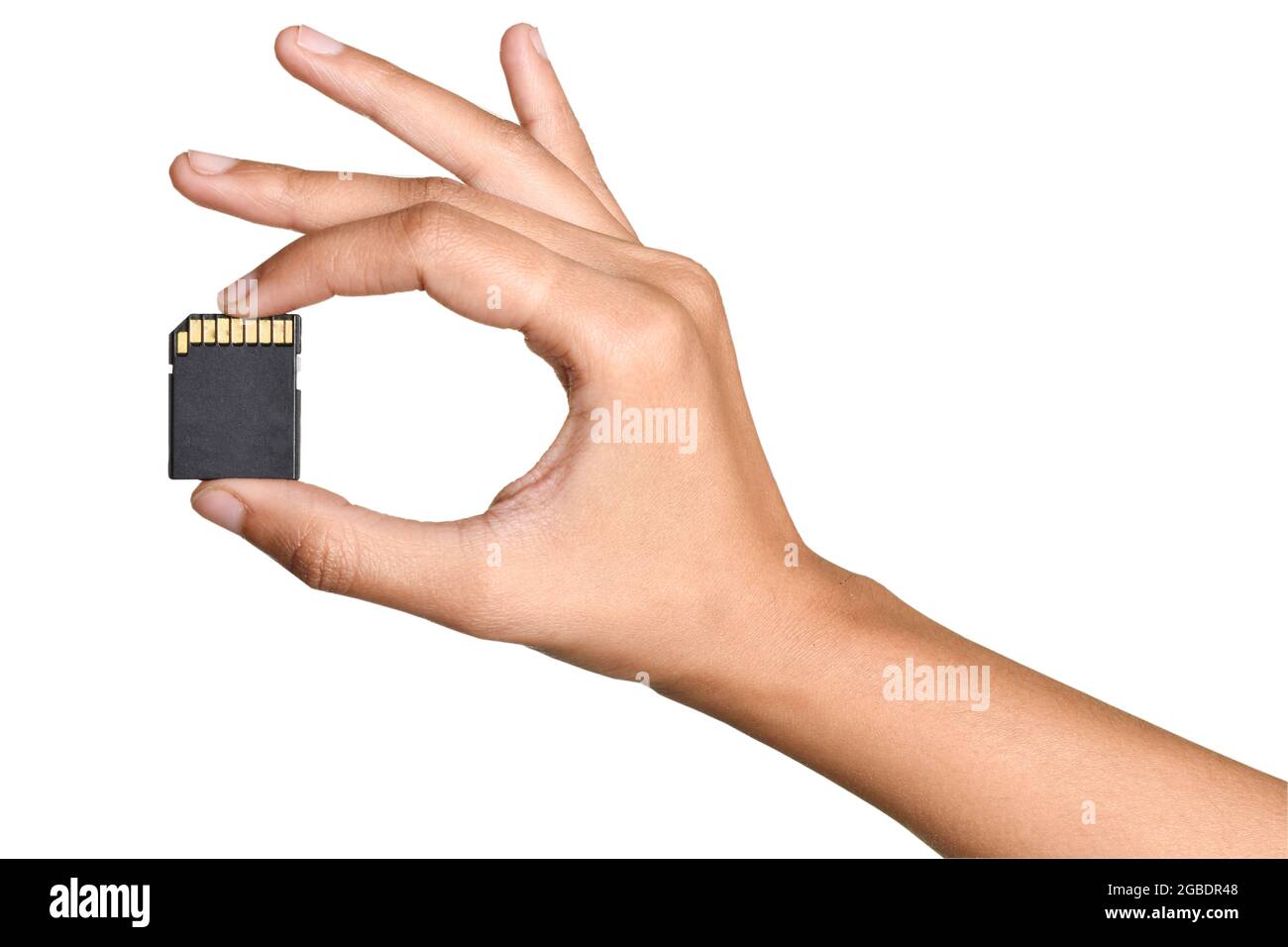 SD-Karte in der Hand isoliert auf weißem Hintergrund mit Beschneidungspfad Stockfoto