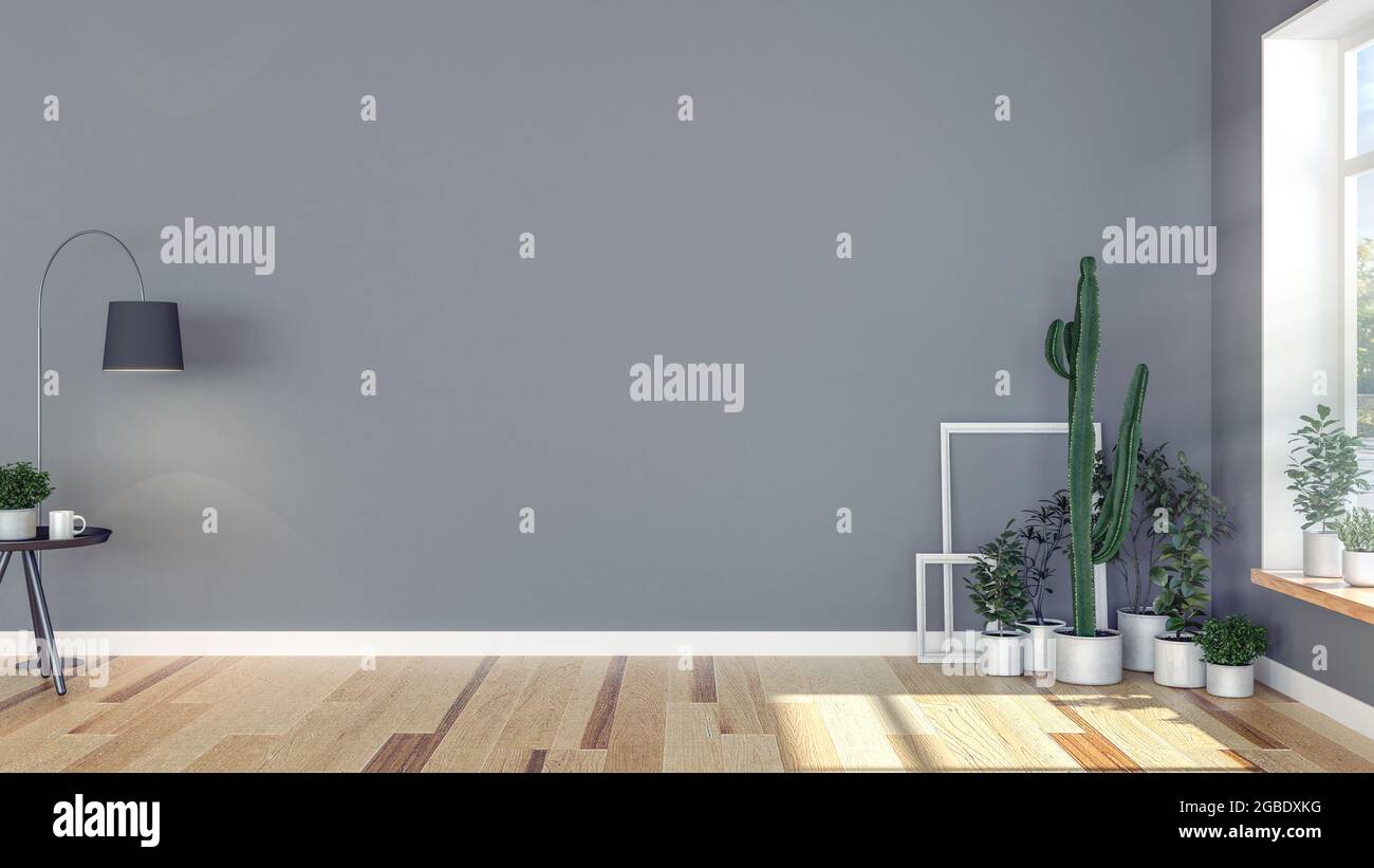 Innenraum des leeren Wohnzimmers mit dekorativen Topfpflanzen und Stehleuchte, 3d-Rendering Stockfoto