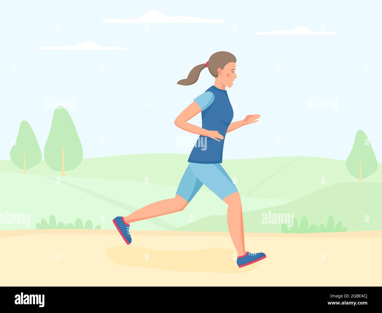 Frau, die im Sommer im Freien läuft, im Park joggt. Tun von Übung und Cardio-Training draußen. Flacher Vektor Stock Vektor