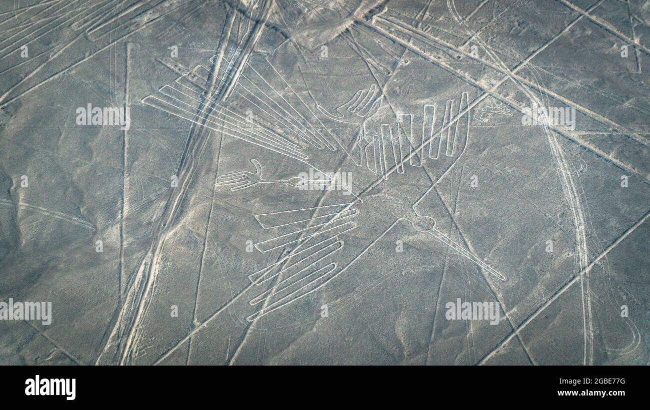 Die alte geheimnisvolle Geoglyphe von Condor Nazca. Nazca-Linien aus der Sicht des Flugzeugs. Nazca-Linien sind Wahrzeichen von Peru Stockfoto