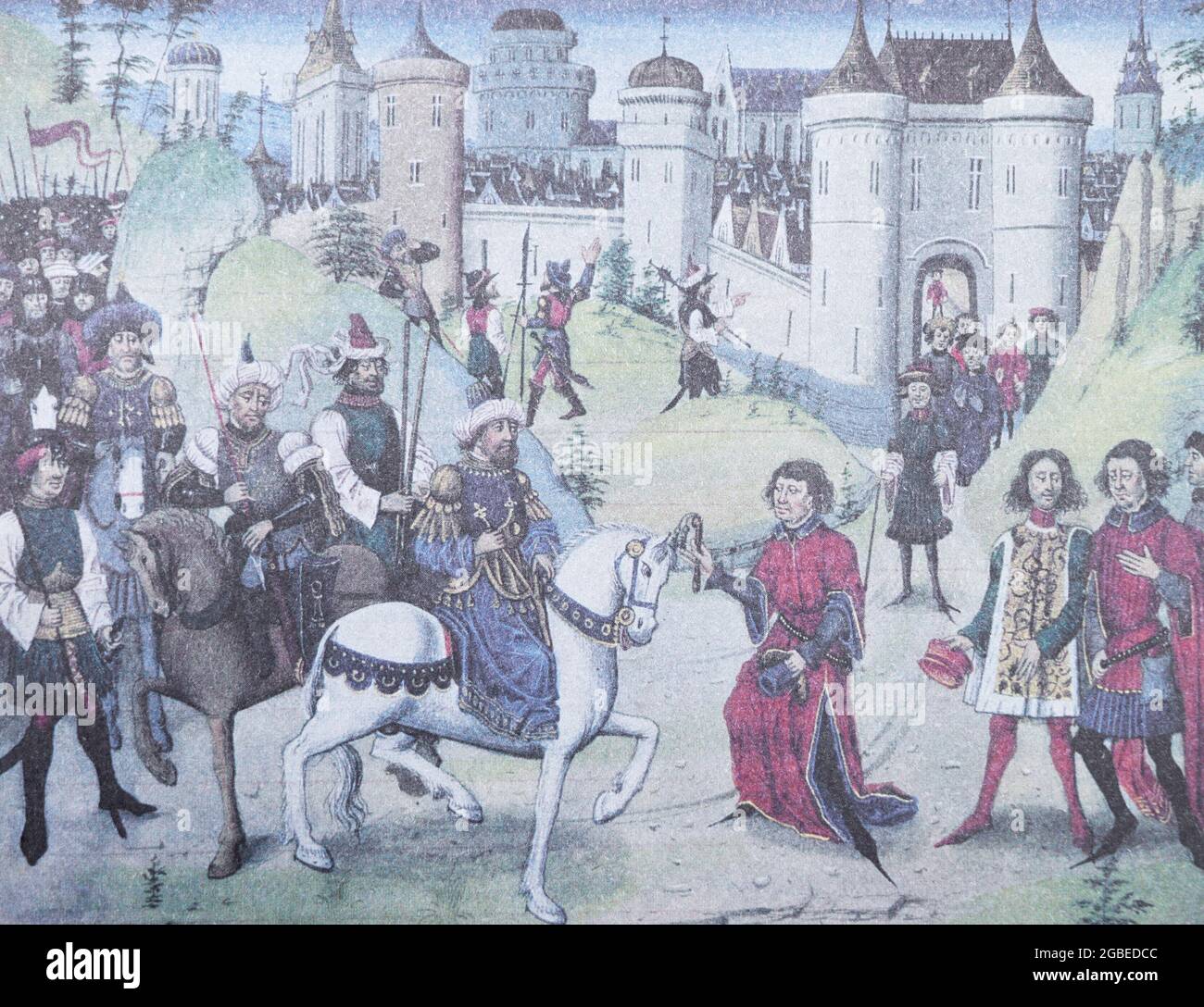 Saladin kehrt 1187 nach Jerusalem zurück. Malerei des 15. Jahrhunderts. Stockfoto