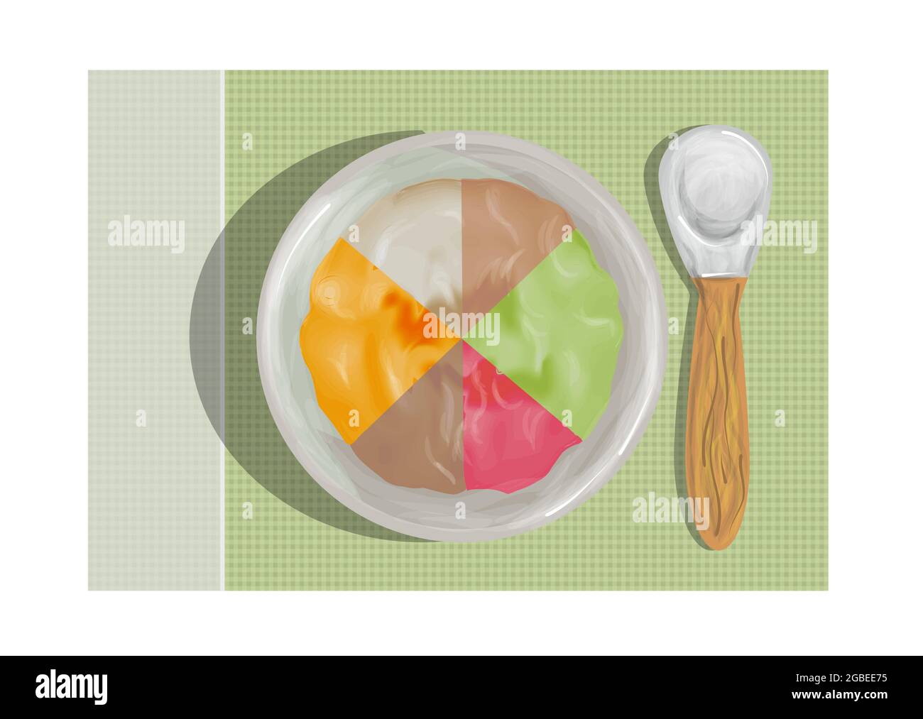 Multicolor Vektor Babynahrung auf Teller mit Löffel Stock Vektor